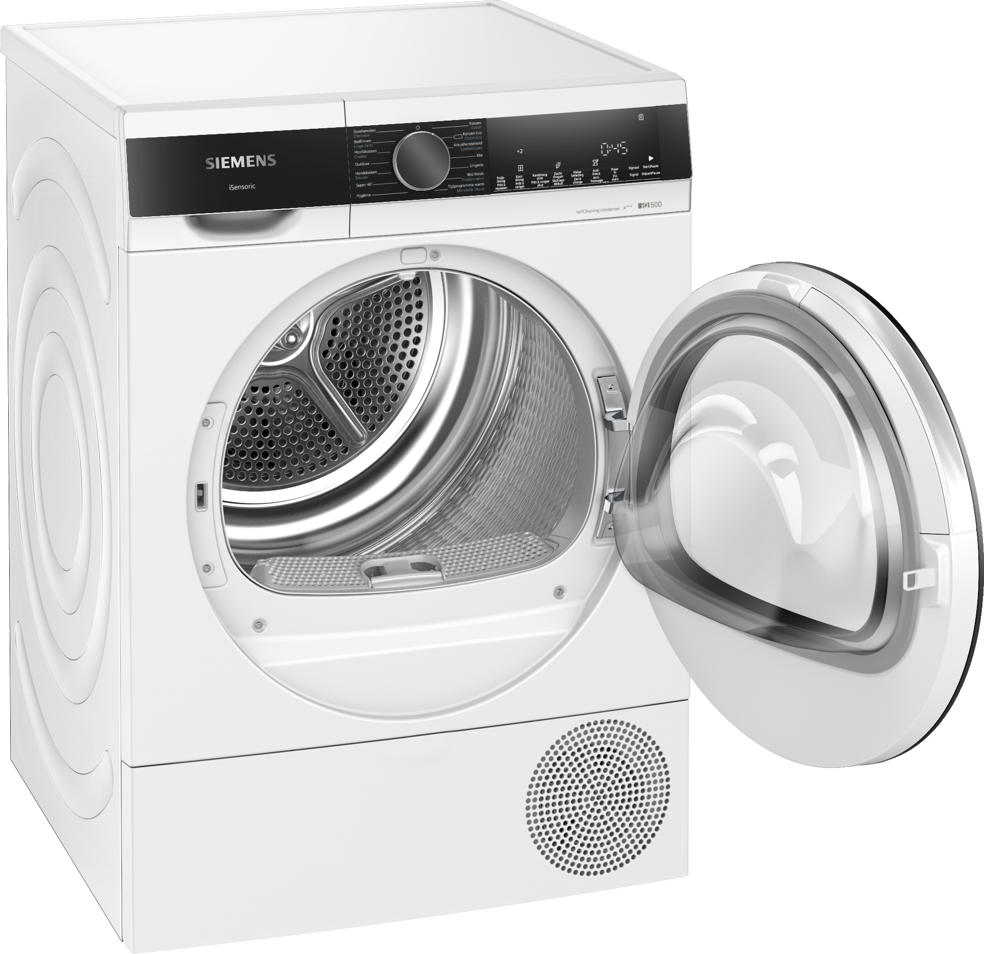 White Siemens dryer with open door showing the drum interior.
