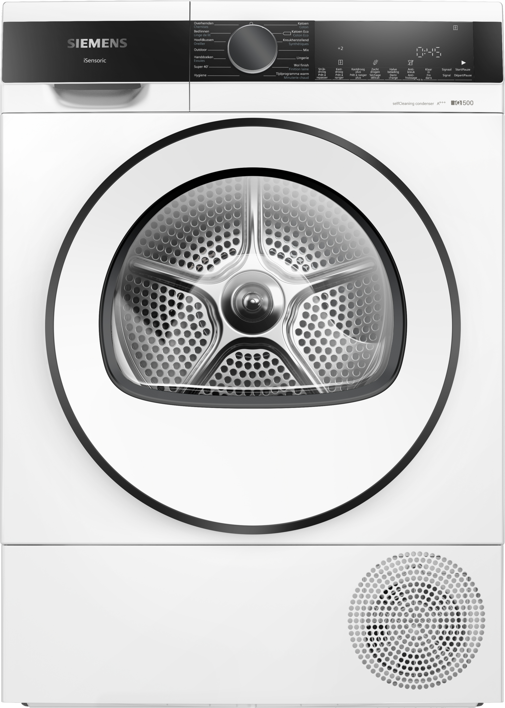 White washing machine with a black door, control panel, and a dial on top.