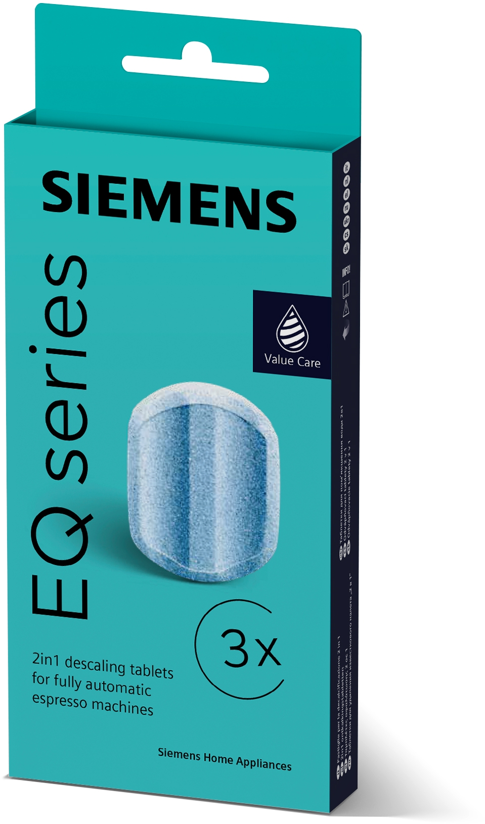 Een blauwgroene doos Siemens EQ-serie 2in1 ontkalkingstabletten. Tekst en productdetails worden getoond.