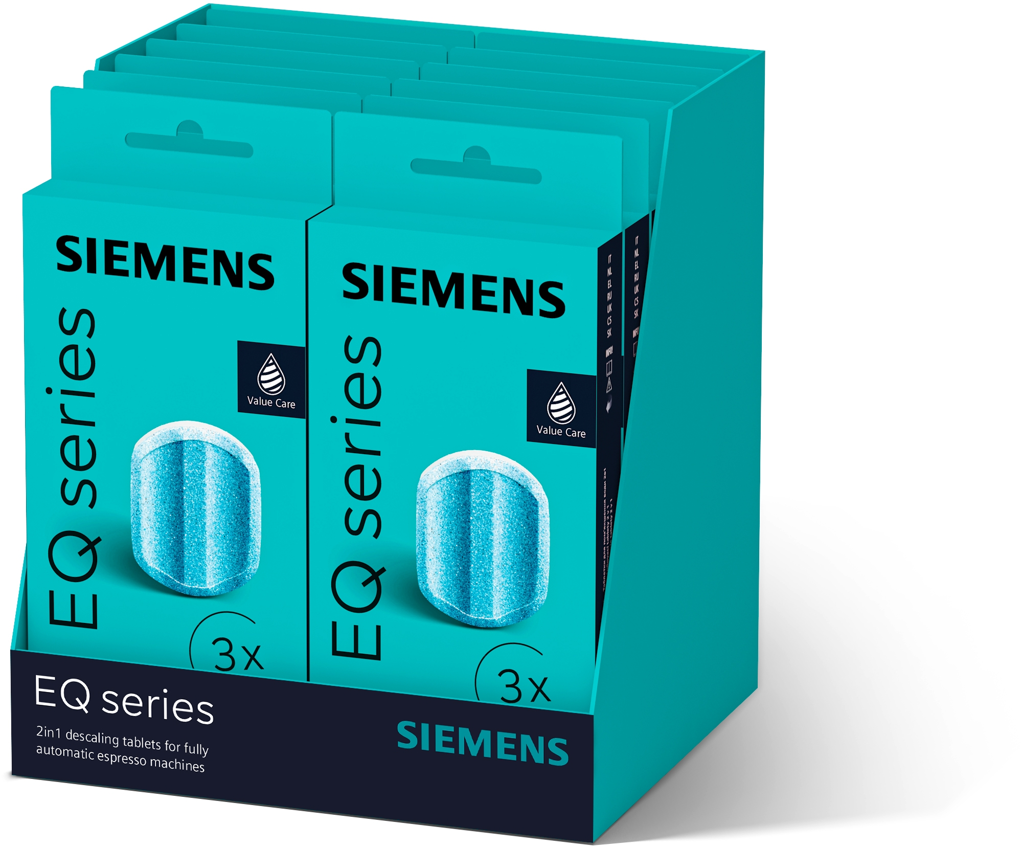 Displaydoos van Siemens EQ-serie 2in1 ontkalkingstabletten.