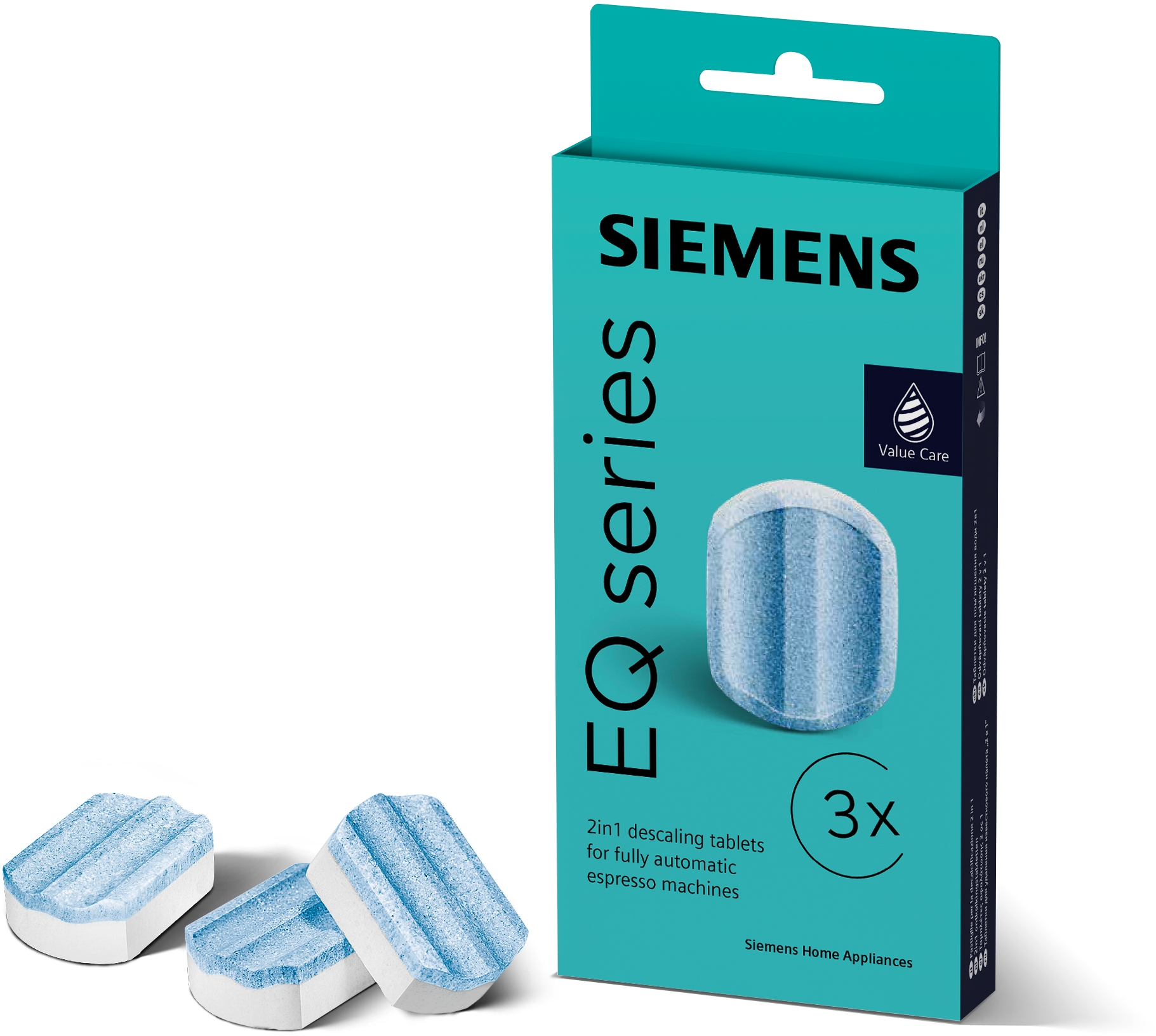 Een Siemens EQ-serie ontkalkingstablettenbox, met drie tabletten ervoor. Blauw-witte tabletten.