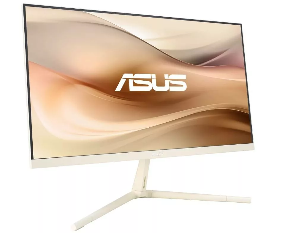 Monitor ASUS z białą ramką i podstawą, na białym tle.