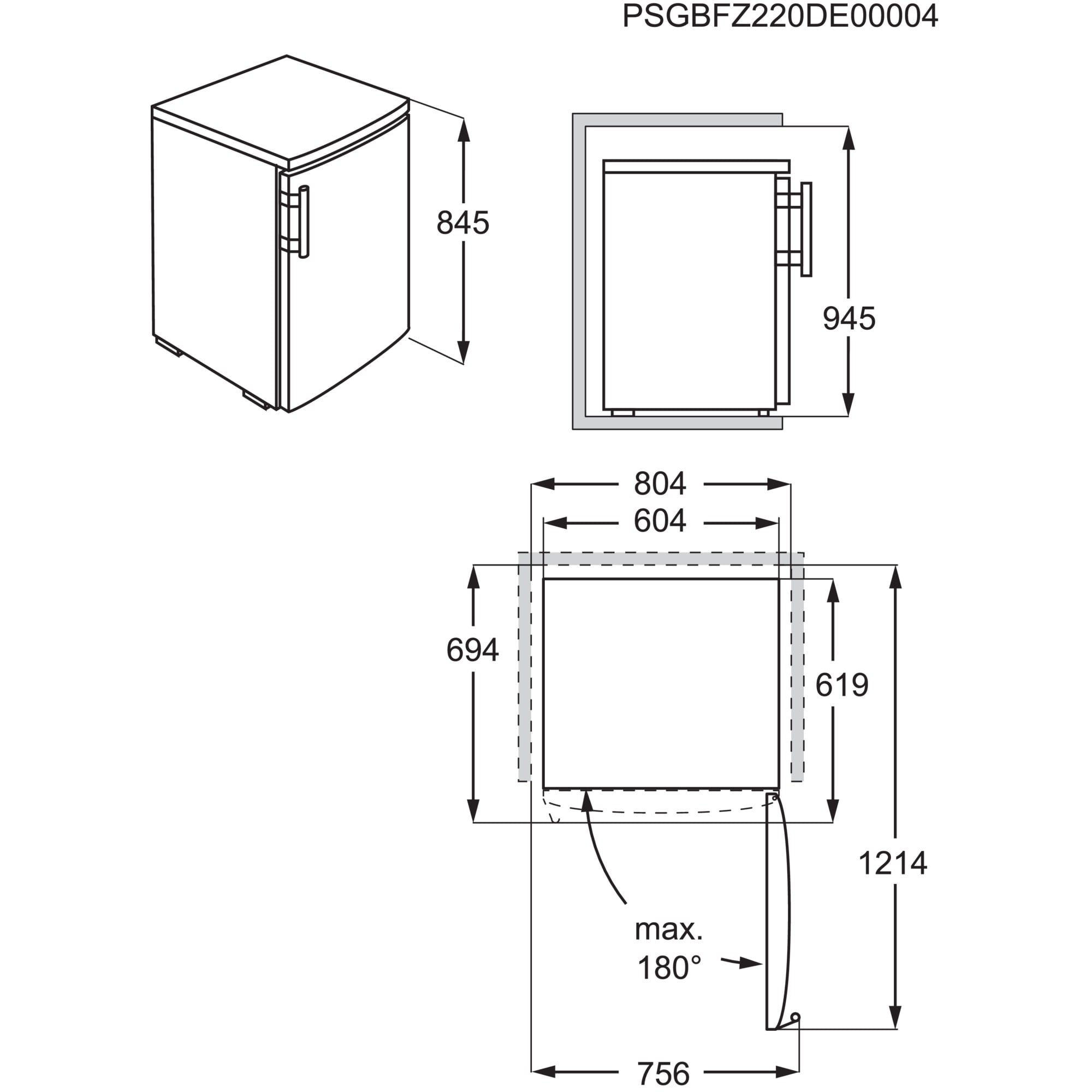 Diagramme montrant les dimensions et la conception d'un réfrigérateur.
