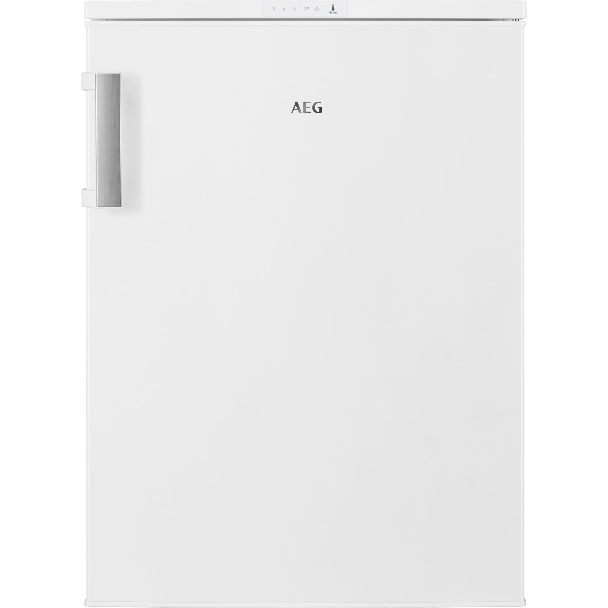 Congélateur AEG blanc avec poignée argentée et logo AEG sur la porte.