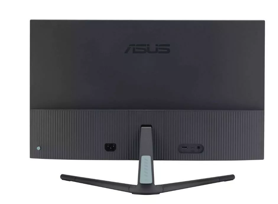 Tył czarnego monitora komputera, pokazujący logo ASUS, porty i złącze zasilania.