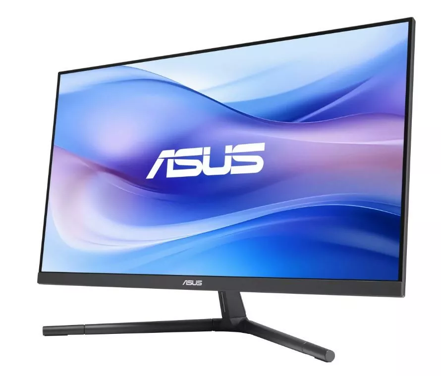 Monitor ASUS na stojaku, z zakrzywionym ekranem i logo ASUS.
