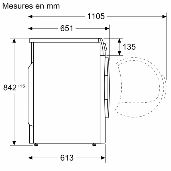 Vue latérale d'une machine à laver avec dimensions en mm. Gris et blanc.