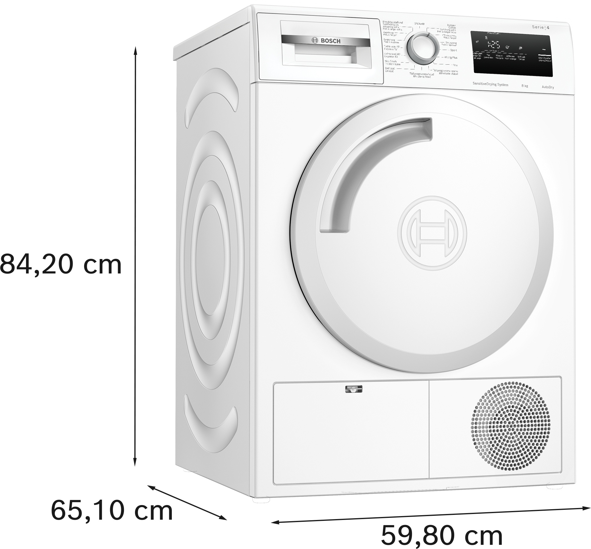 Sèche-linge Bosch blanc. Dimensions indiquées. Porte ronde et panneau de commande. Couleur blanche.