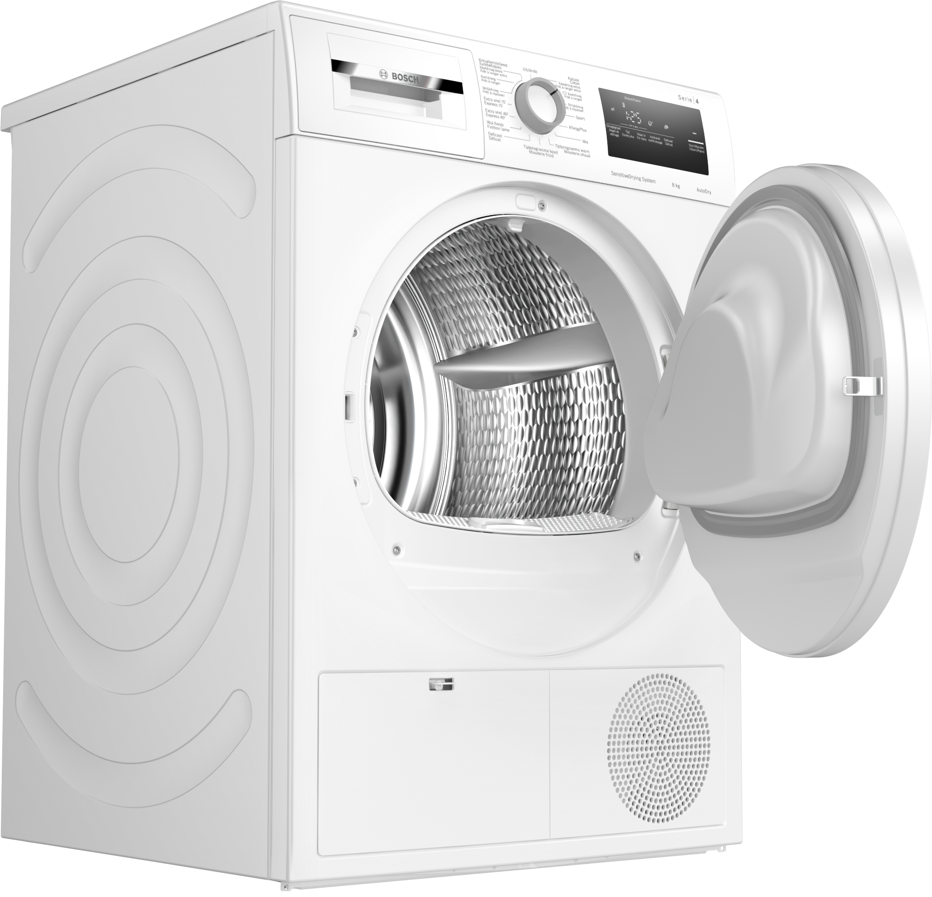 Sèche-linge blanc avec porte ouverte, montrant l'intérieur du tambour. Le logo Bosch et le panneau de commande sont visibles.