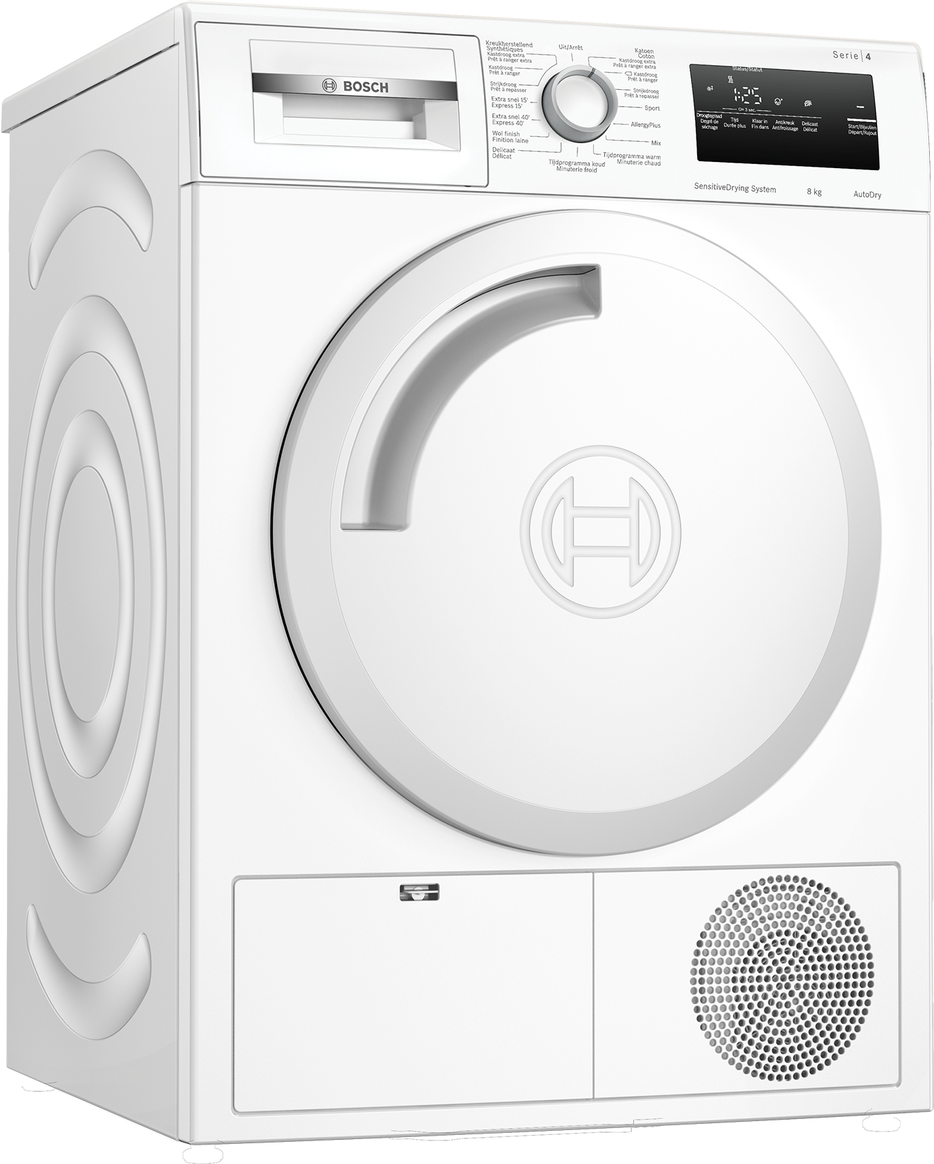 Un sèche-linge blanc avec un panneau de commande, une porte ronde et le logo Bosch.