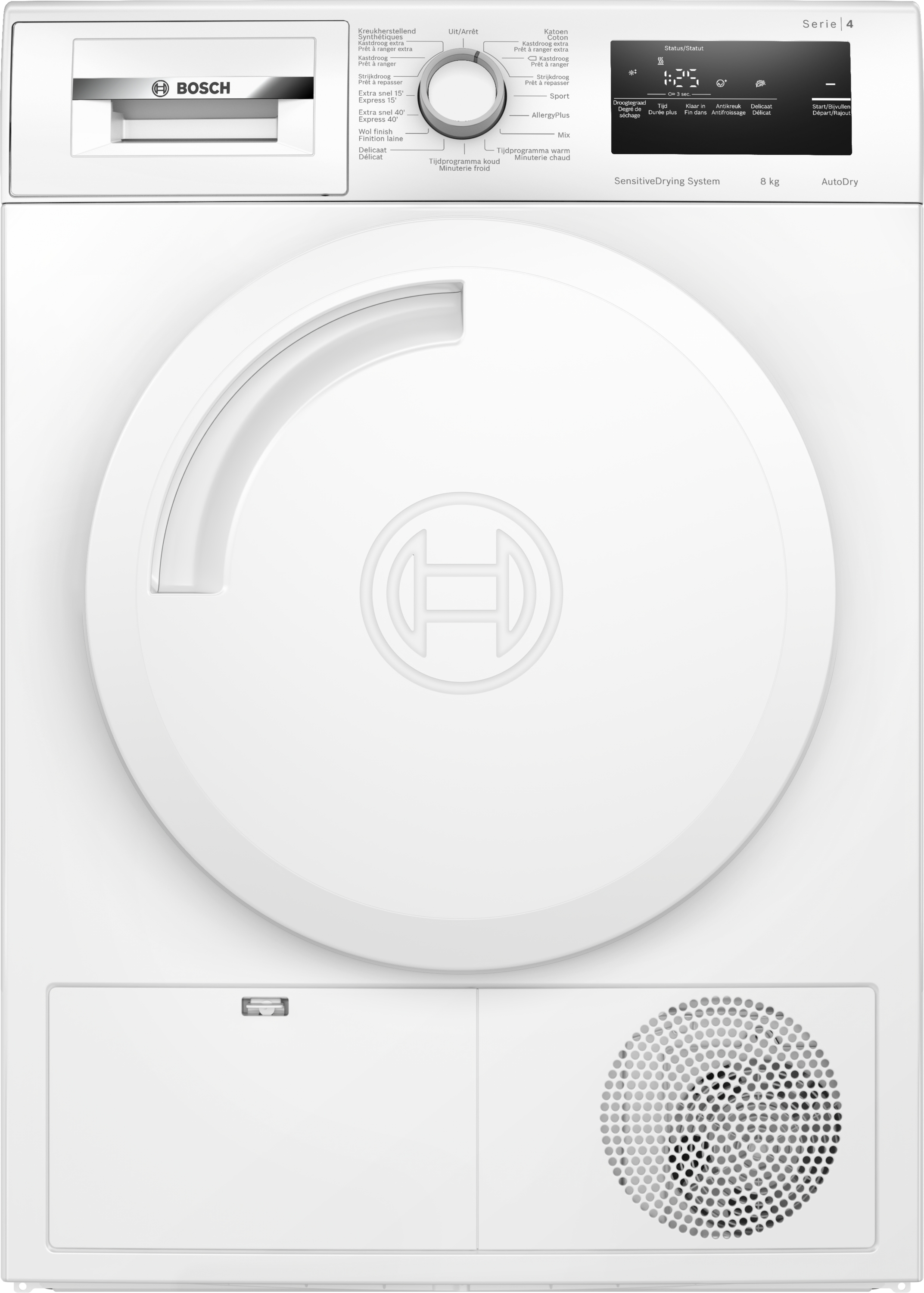 Un sèche-linge Bosch blanc avec des commandes. 8 kg y est écrit.