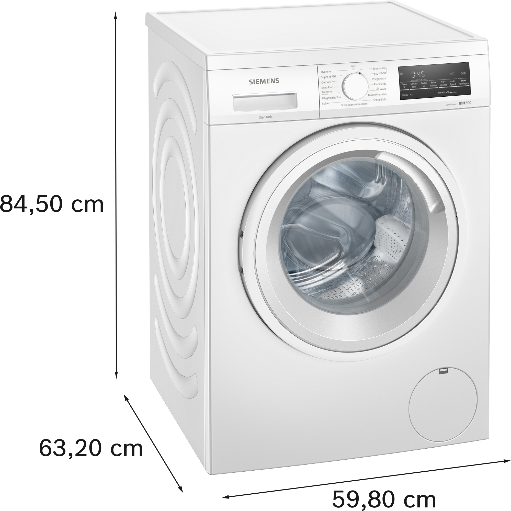 Eine weiße Waschmaschine mit durch Pfeile angegebenen Abmessungen. Sie steht allein.