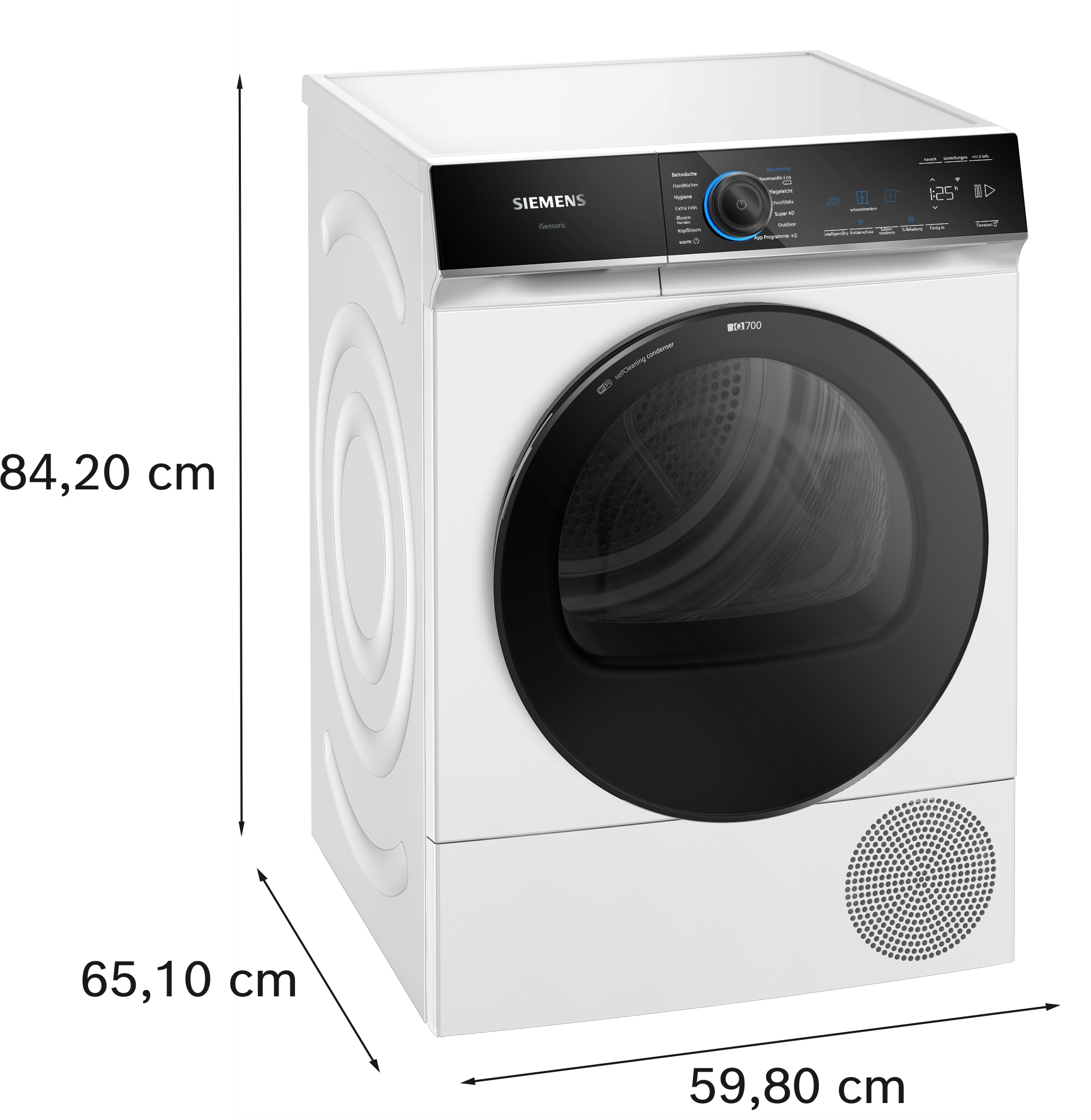 Weißer Trockner mit den Maßen: 84,20 cm Höhe, 65,10 cm Breite, 59,80 cm Tiefe.