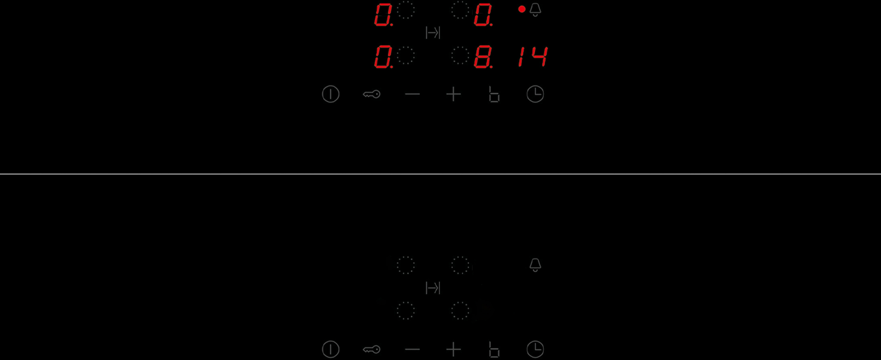 Schwarzes Kochfeld-Display zeigt rote Zahlen 0, 0, 8.14 und Symbole. Oben ist eine Glocke. Unten befinden sich Symbole für Leistung, Schlüssel, Minus, Plus, Timer.