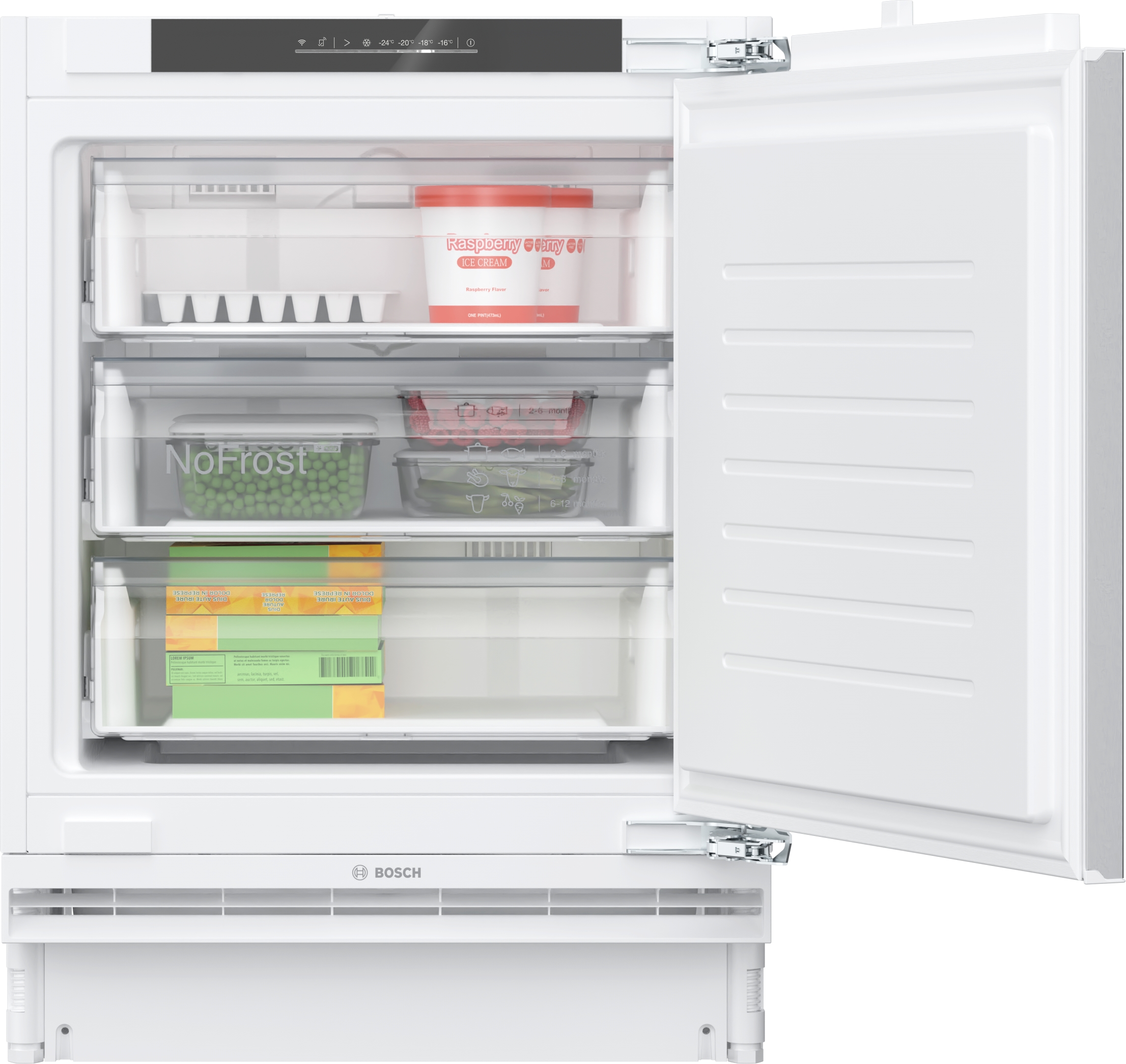 Nahaufnahme eines Kühlschrank-Bedienfelds mit Temperatureinstellungen und Optionen.