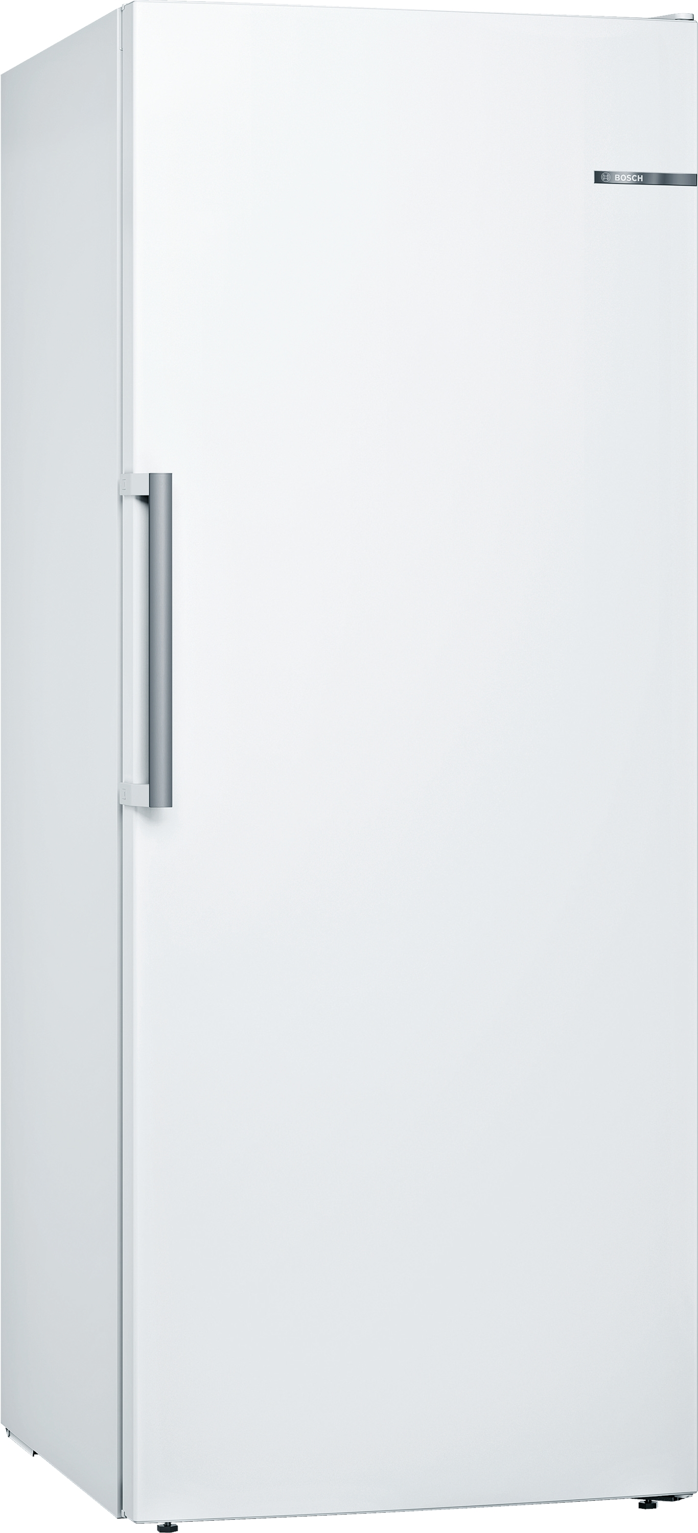 Weißer Kühlschrank mit Griff und Bosch-Logo an der Seite.