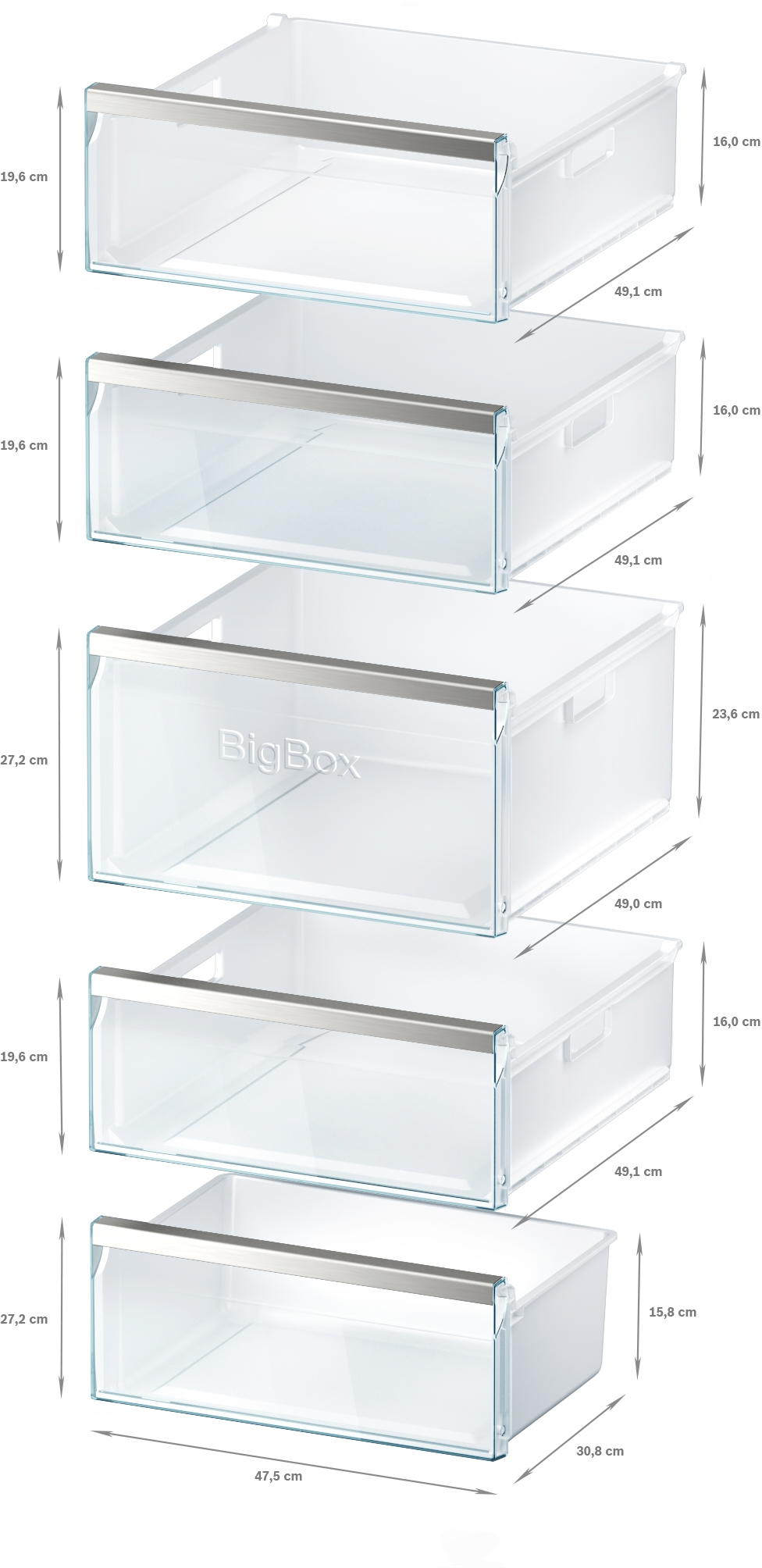 Verschiedene Kühlschrank-Schubladen mit Abmessungen in Zentimetern und Beschriftungen. Klare Kunststoffschubladen.