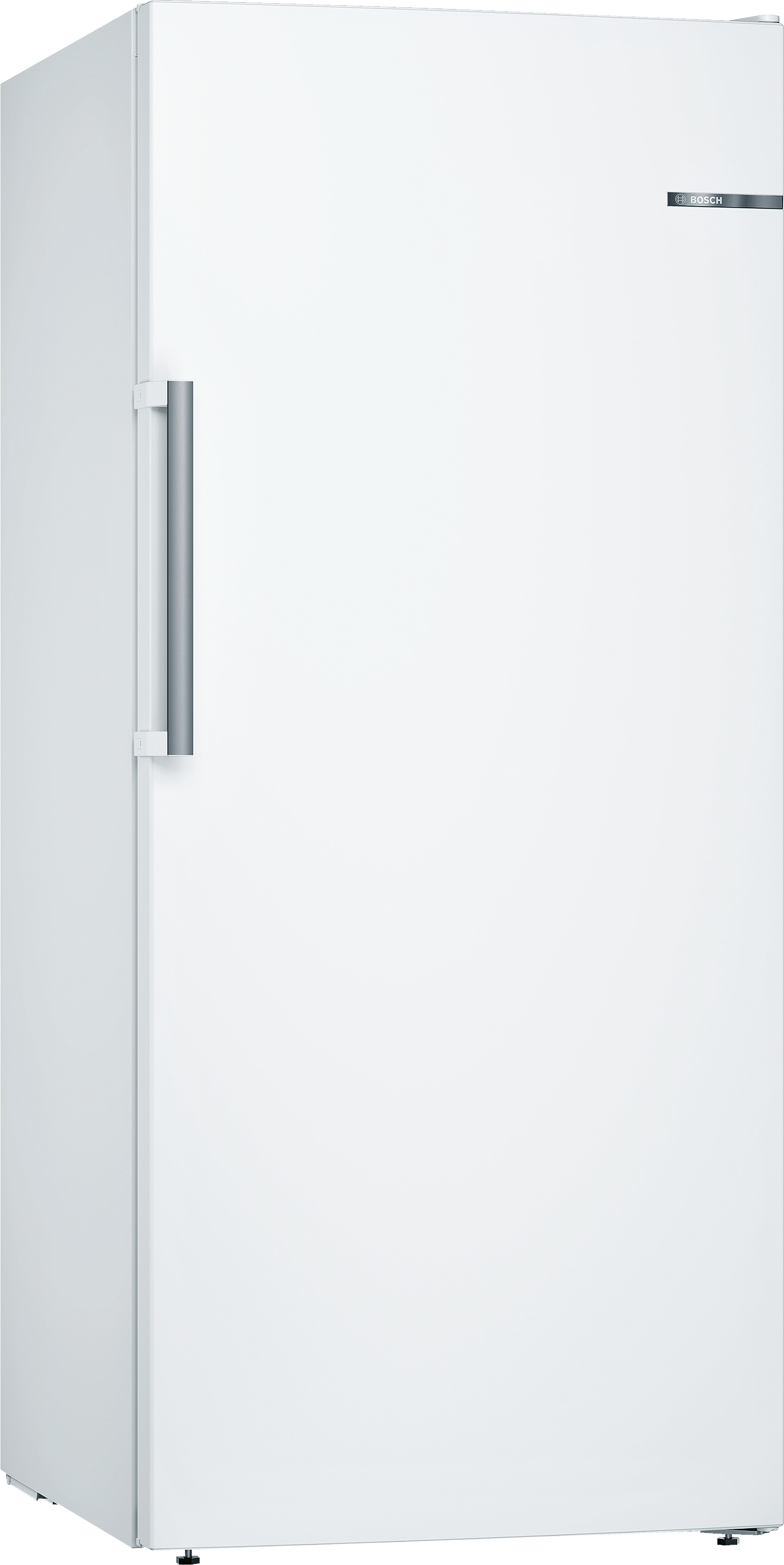 Weißer Bosch Kühlschrank mit silbernem Griff. Von der Seite betrachtet.
