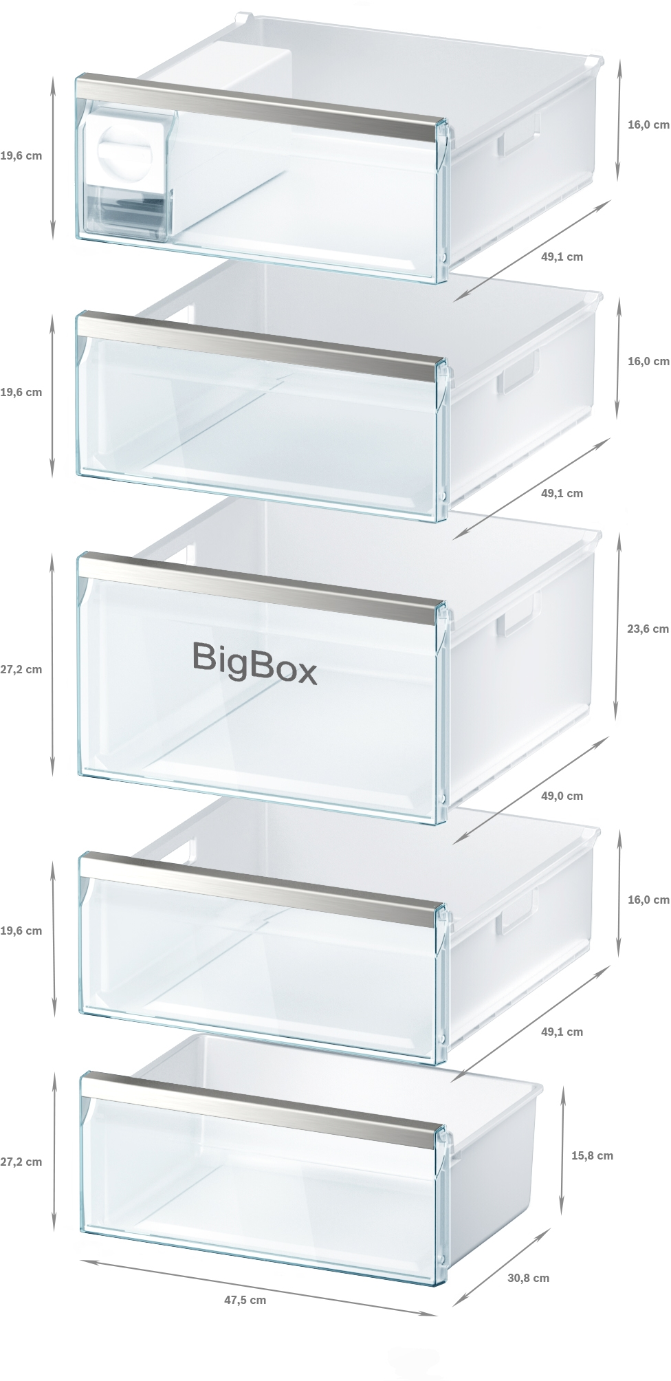 Fünf klare Kühlschubladen mit Maßangaben an den Seiten. Die Schubladen sind leer.