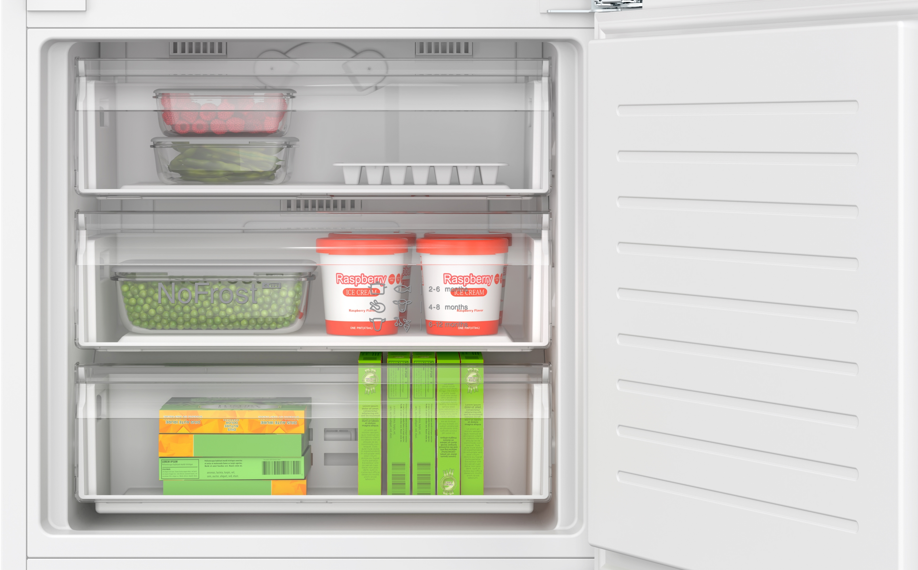 Kühlschrank-Gefrierfach mit Schubladen und Inhalt. Rote und grüne Lebensmittel.
