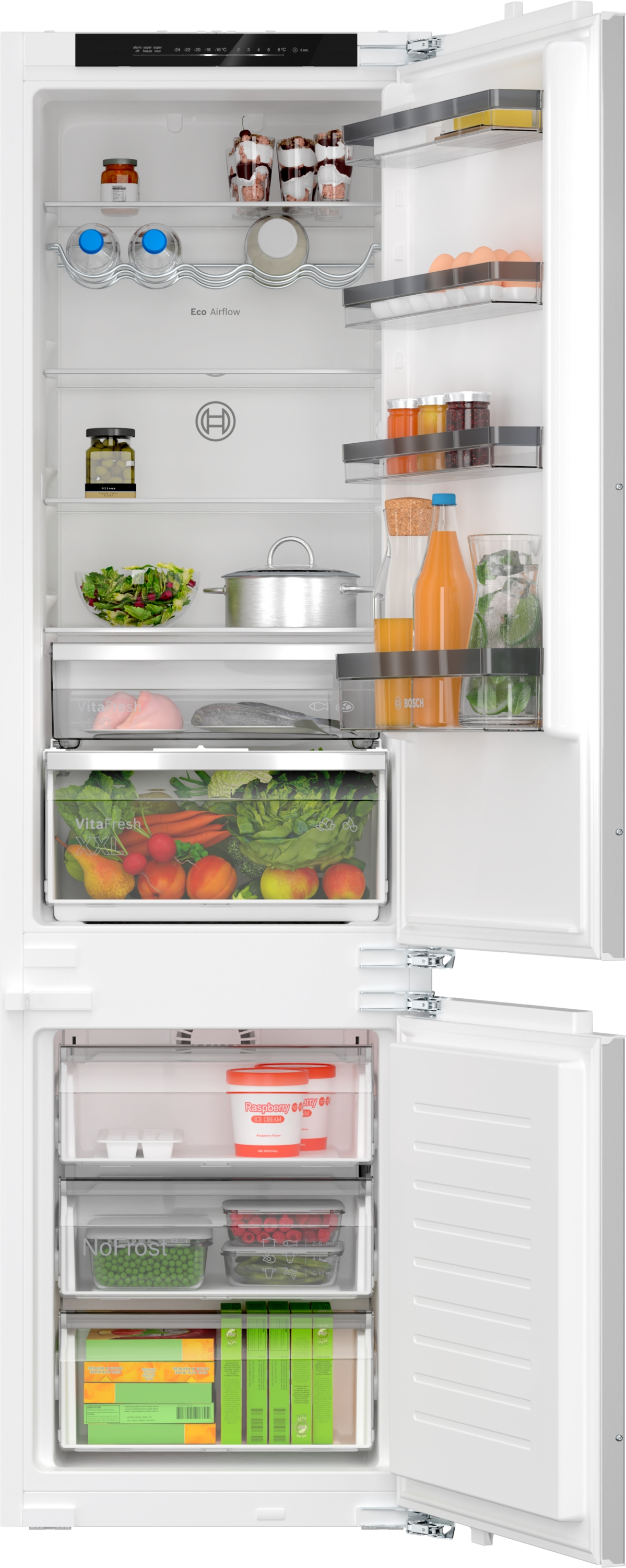 Offener Kühlschrank mit vollen Regalen voller Lebensmittel. Gemüse, Obst, Getränke und andere Artikel sind sichtbar.