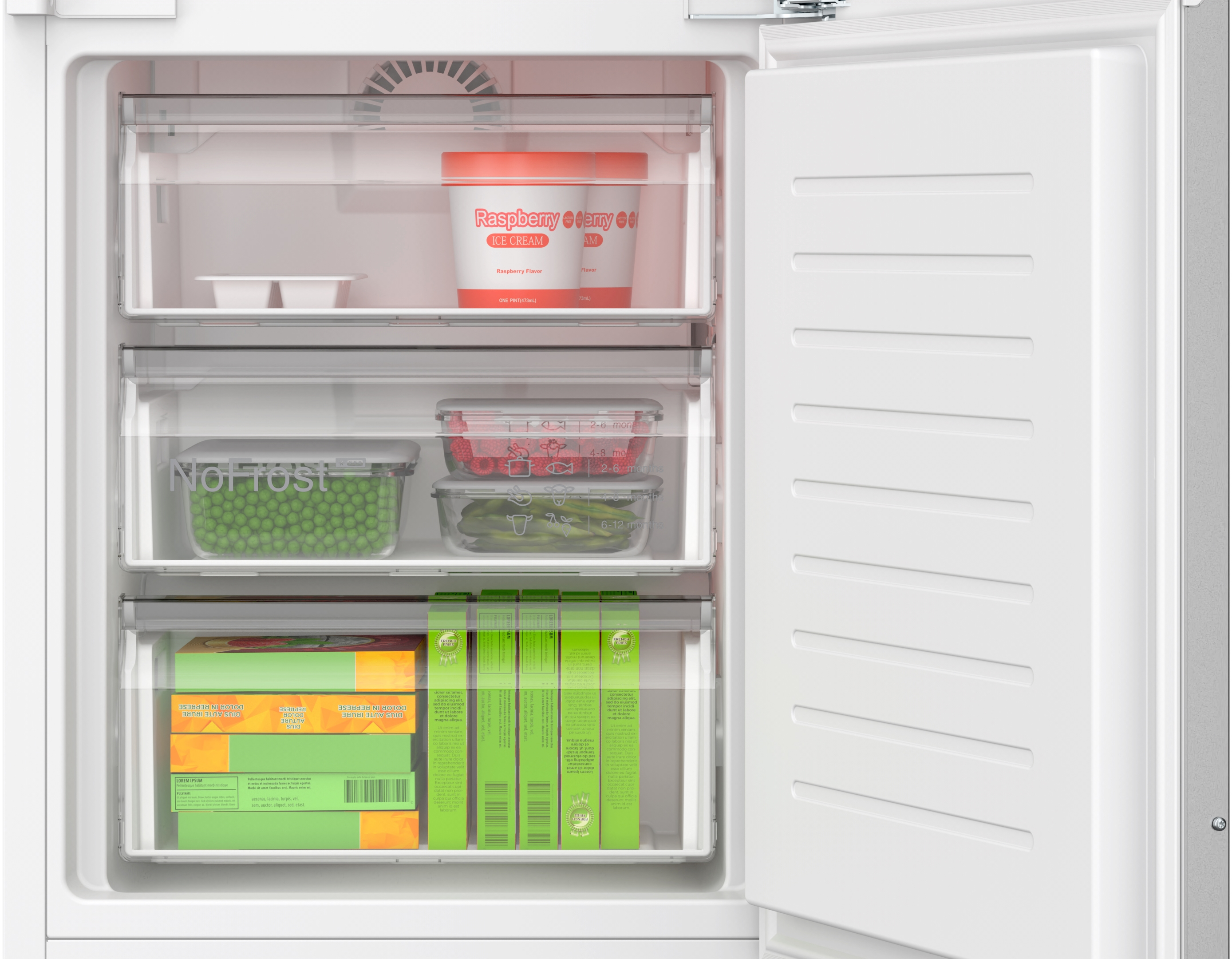 Kühlschrank-Innenraum mit Regalen, Lebensmittelbehältern und Eiscreme.
