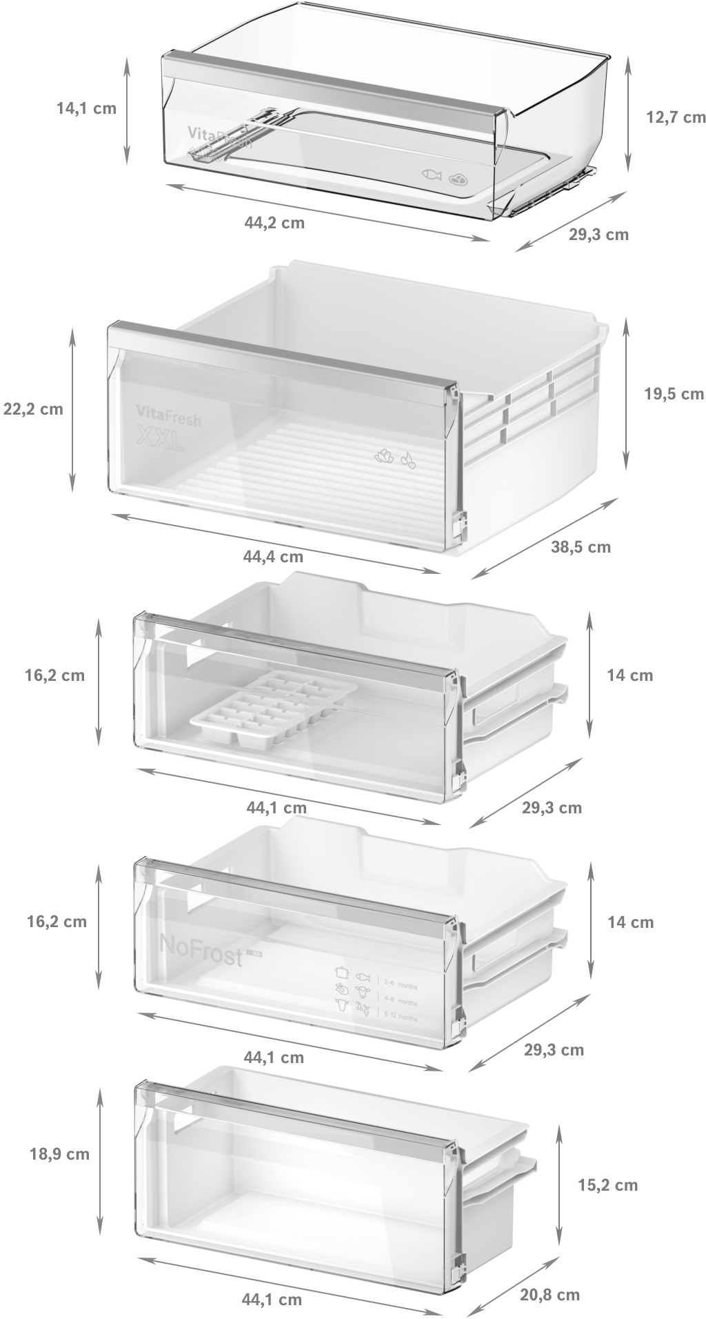 Mehrere Kühlschrank-Schubladen mit Abmessungen und Beschriftungen.
