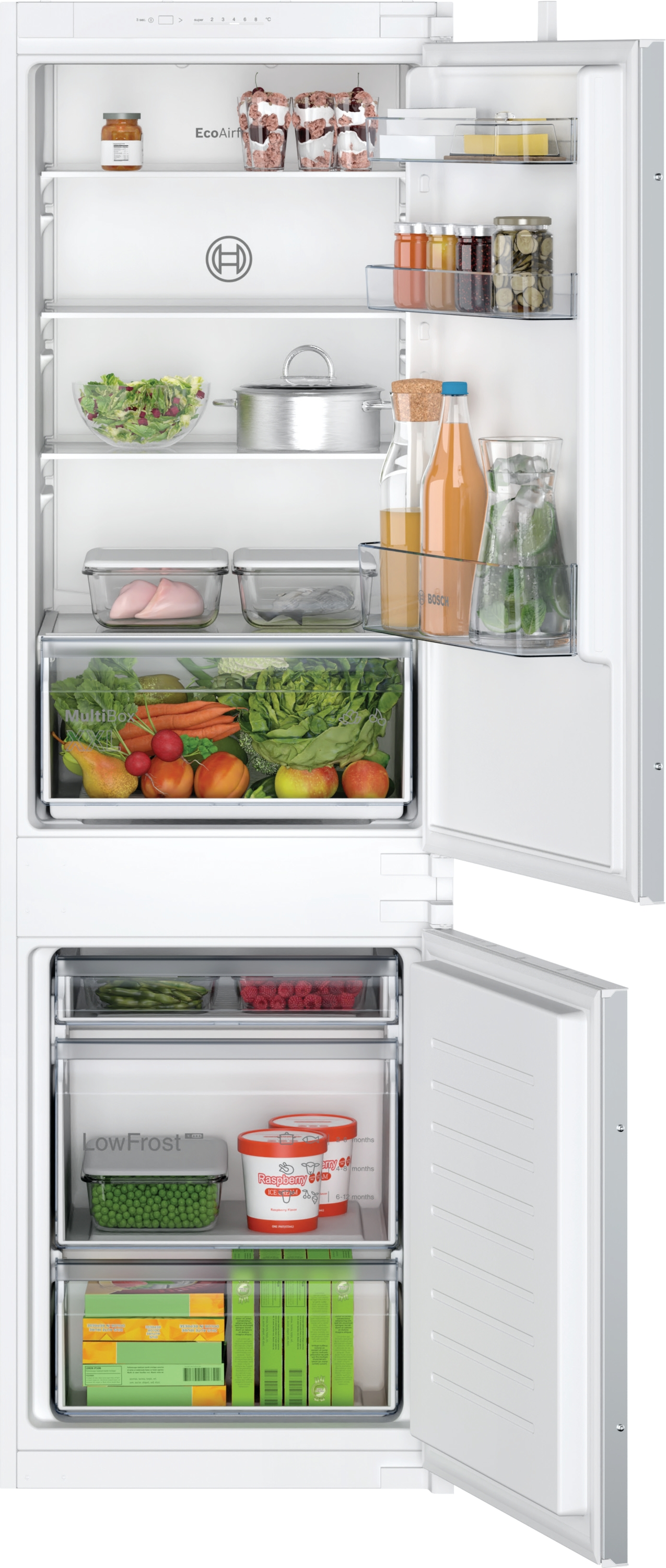 Kühlschrank mit geöffneten Türen, mit Regalen voller Lebensmittel und Schubladen mit Produkten.