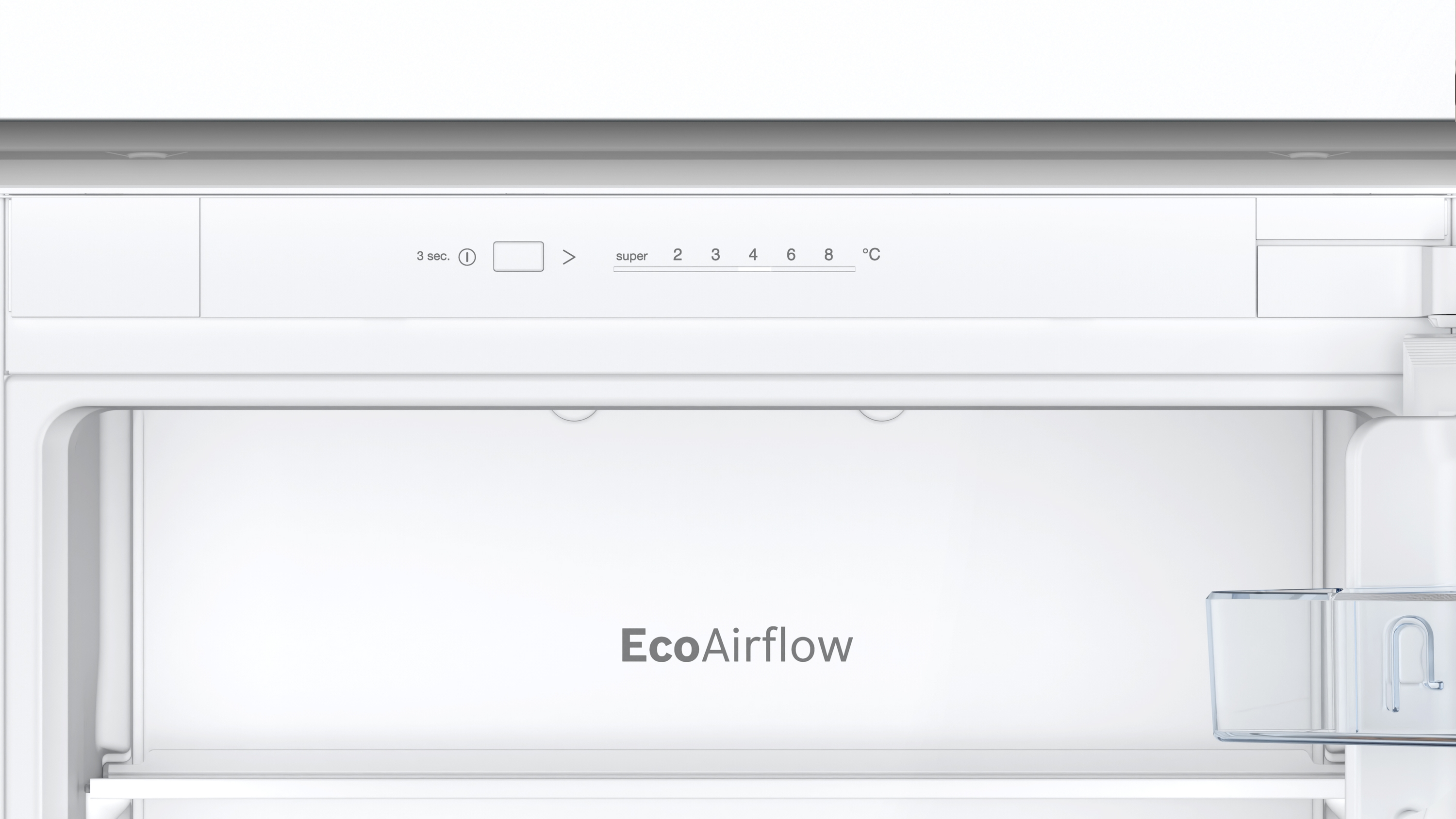 Kühlschrankinnenraum, zeigt die EcoAirflow-Funktion, mit Temperaturreglern oben.