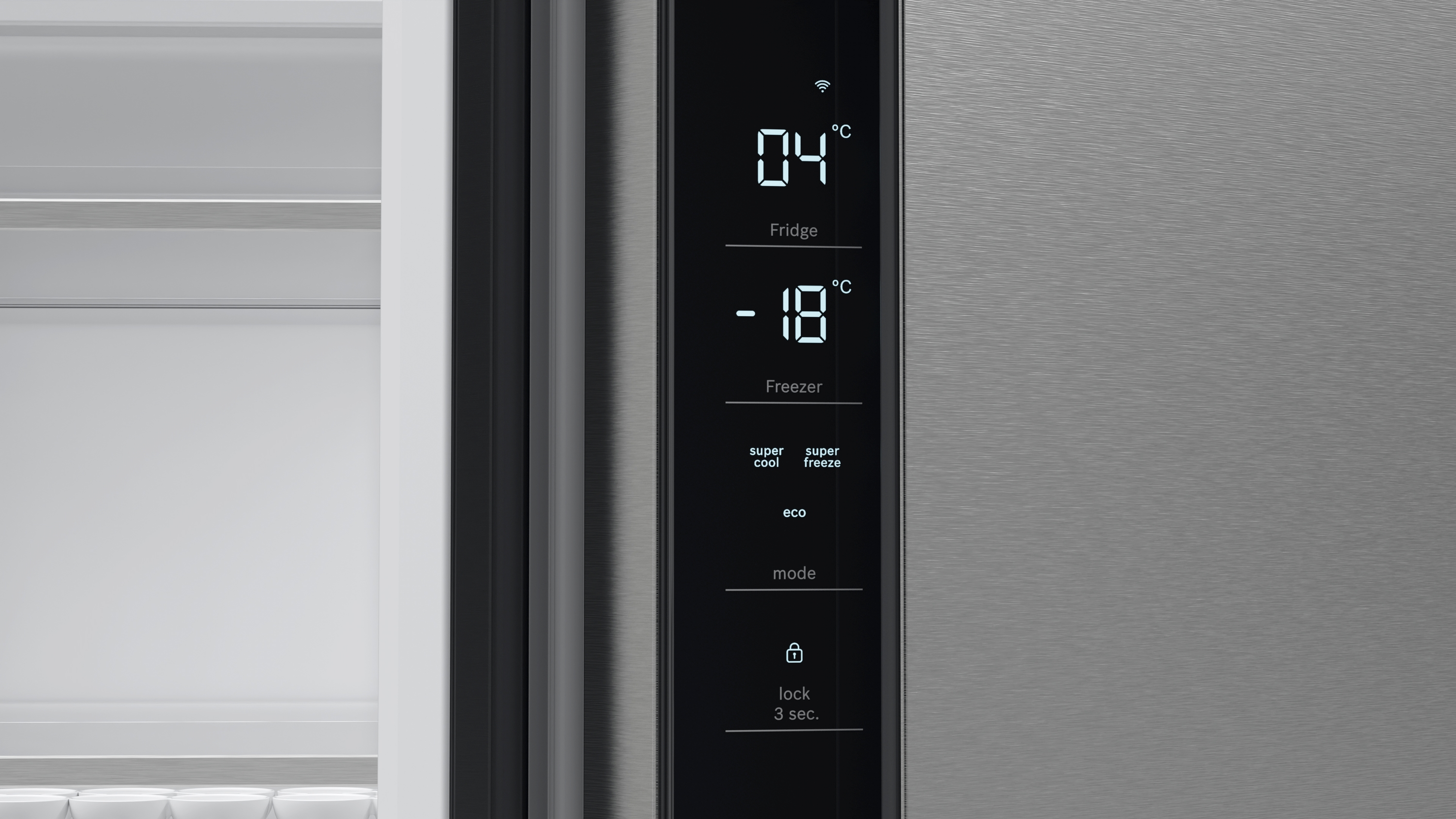 Kühlschrank-Bedienfeld. Digitalanzeige zeigt Temperatureinstellungen und Optionen.