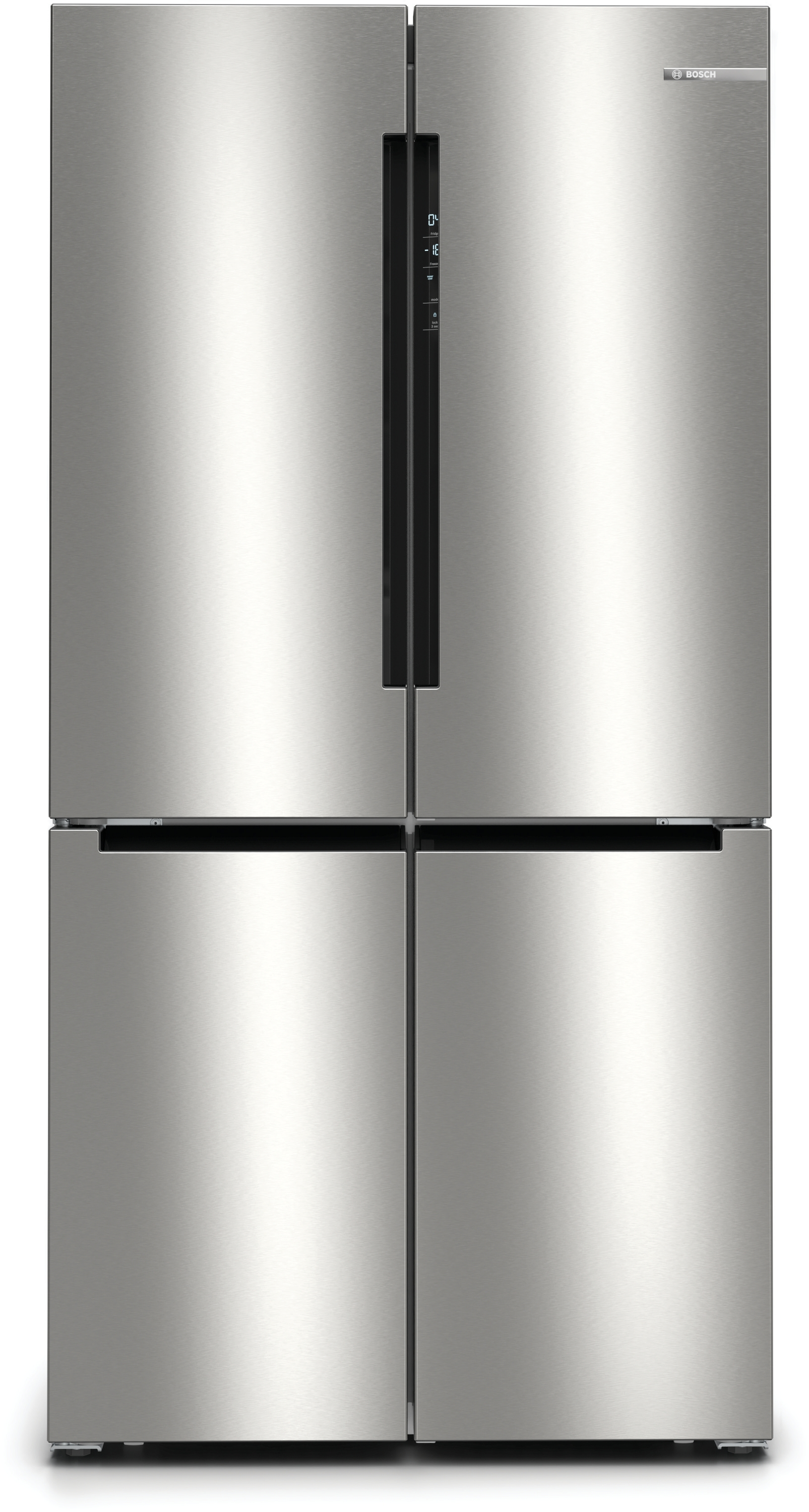 Ein Edelstahl-Kühlschrank von Bosch mit vier Türen.