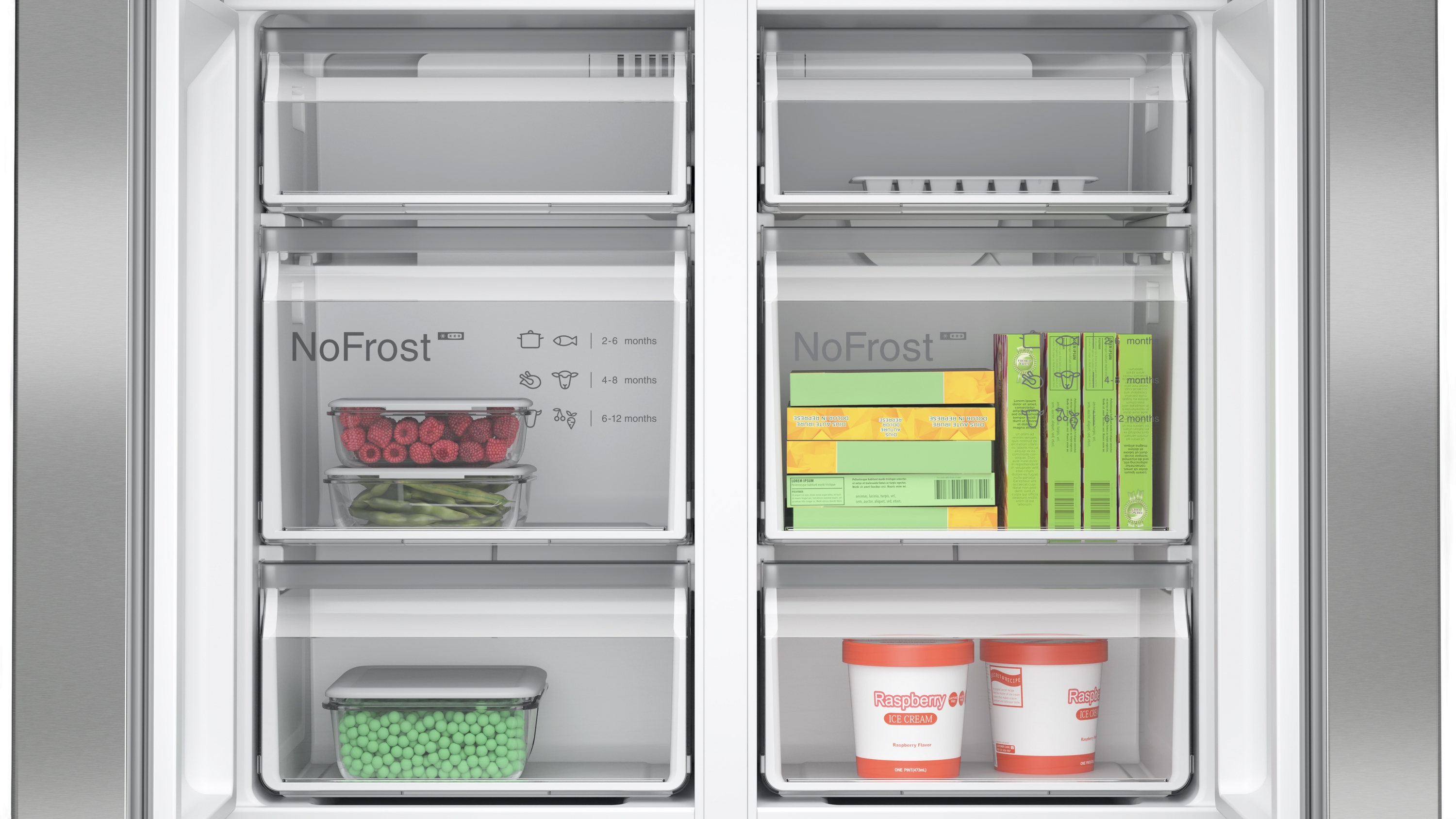 Kühlschrank mit Schubladen mit Lebensmitteln wie Himbeeren und Tiefkühlgerichten.