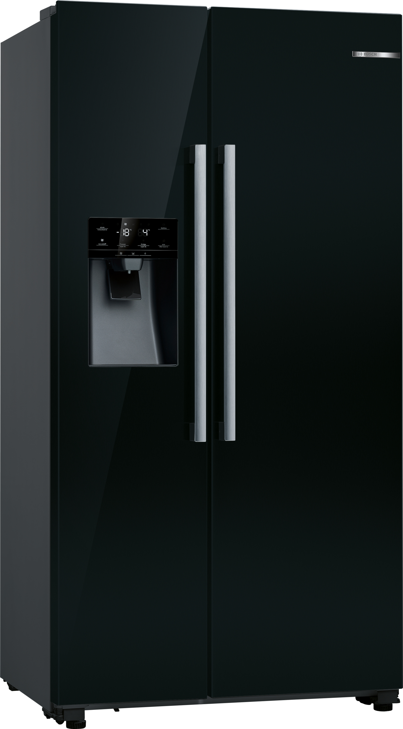 Schwarzer Side-by-Side-Kühlschrank mit Spender und Griffen.