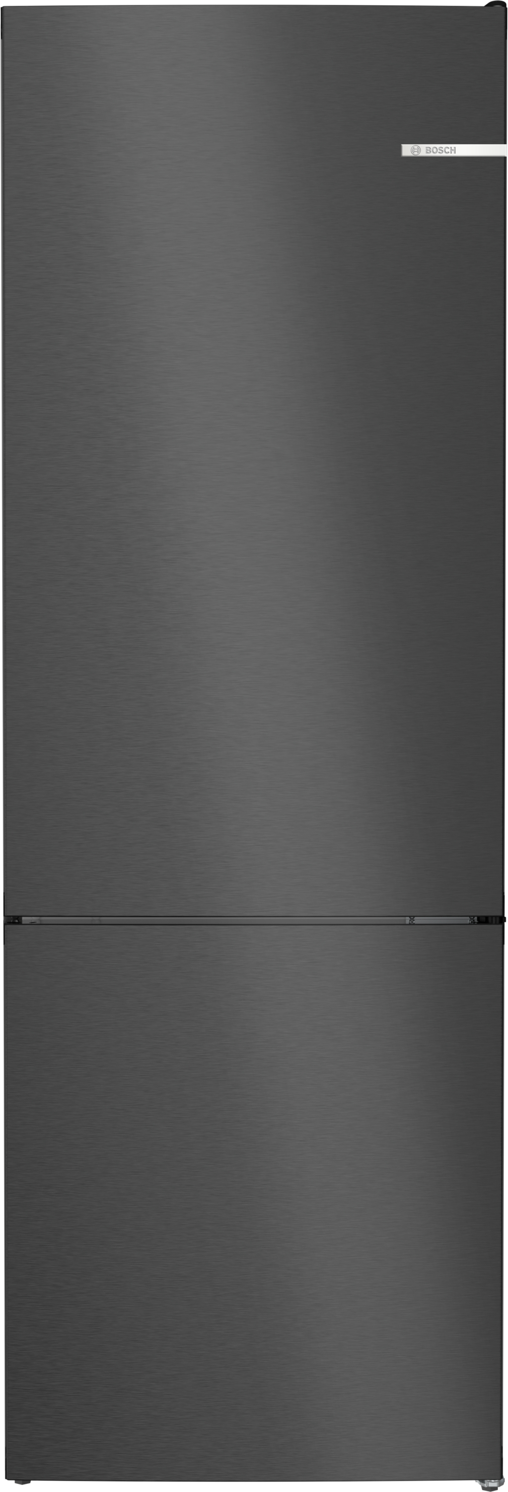 Dunkelgrauer Kühlschrank mit oberer und unterer Tür. Bosch-Logo oben.