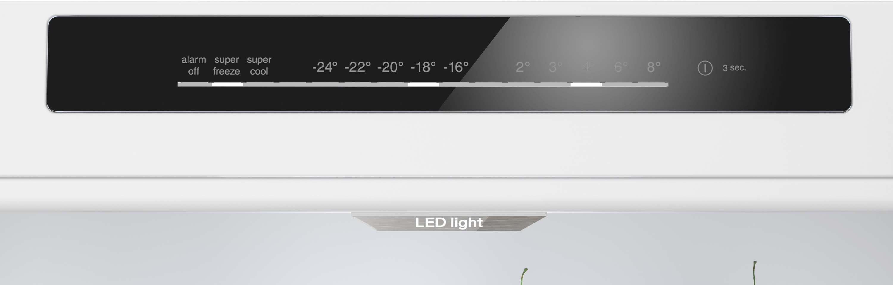 Kühlschrank-Bedienfeld mit Temperatureinstellungen und Funktionsanzeigen. LED-Licht.