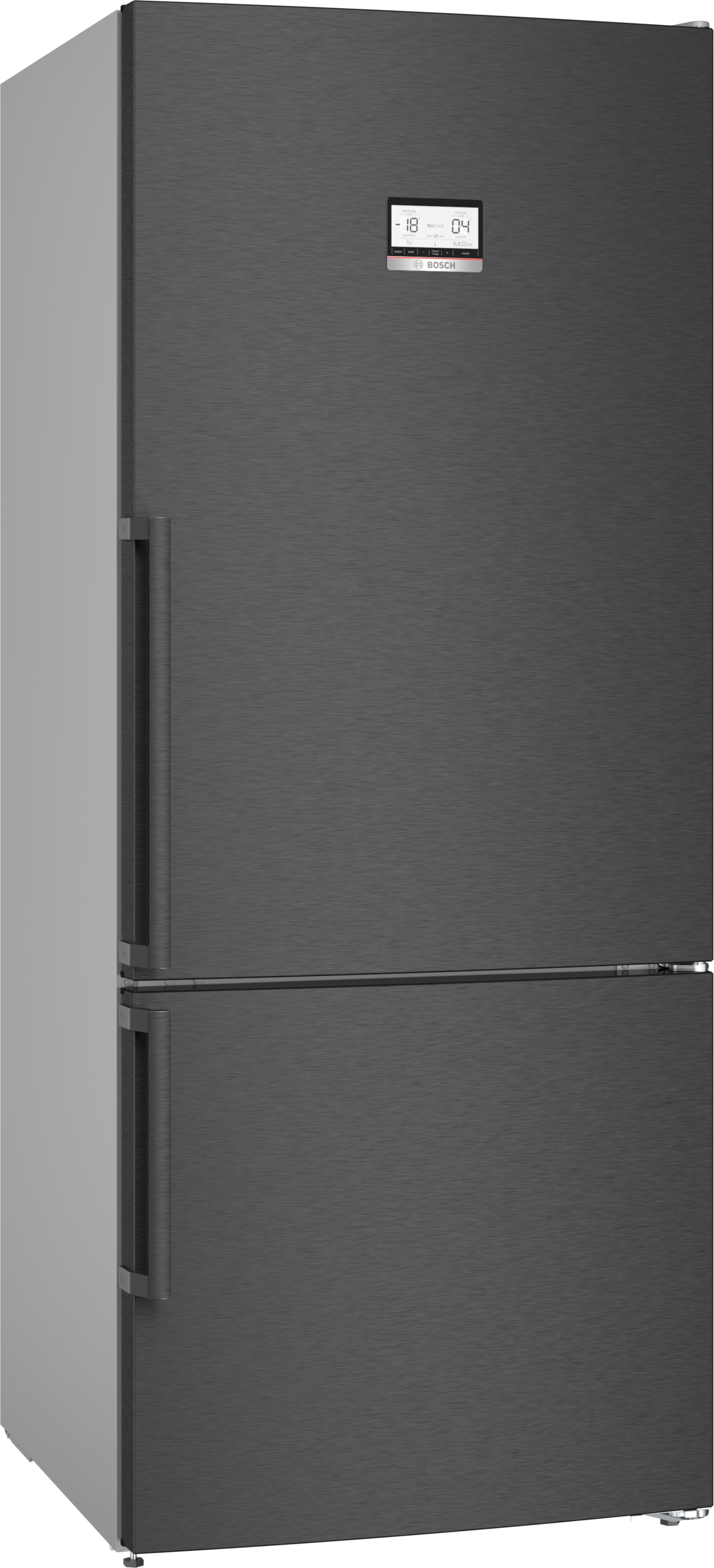 Ein schwarzer Kühlschrank mit Gefrierfach unten. Er hat zwei Türen und ein digitales Display oben.