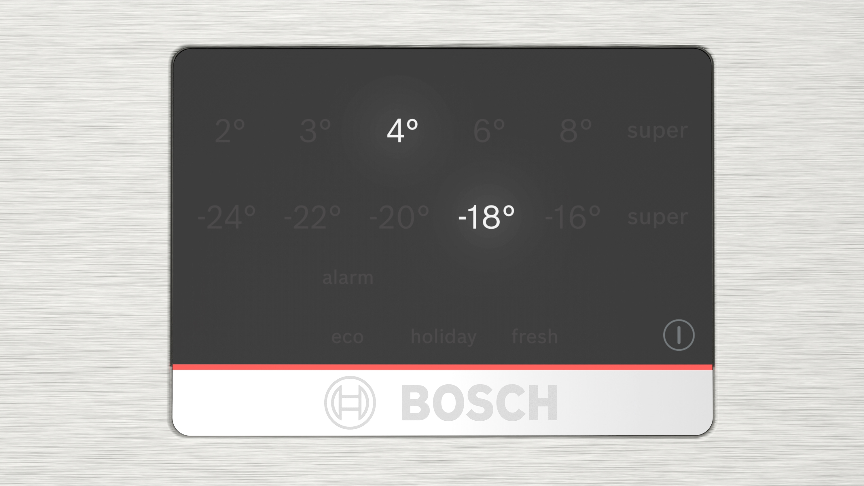 Bosch Kühlschrank-Bedienfeld mit Temperatureinstellungen auf dunkler Oberfläche.