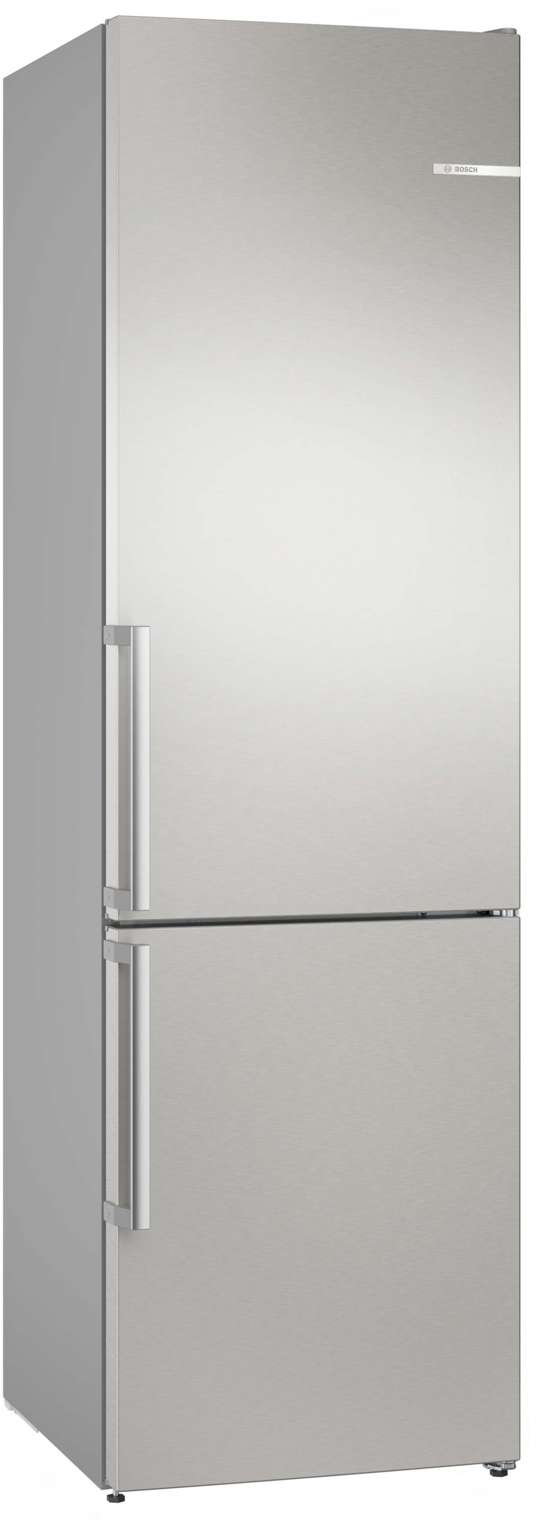 Edelstahl Bosch Kühlschrank mit zwei Türen. Silberne Griffe. Sauberes, modernes Design.