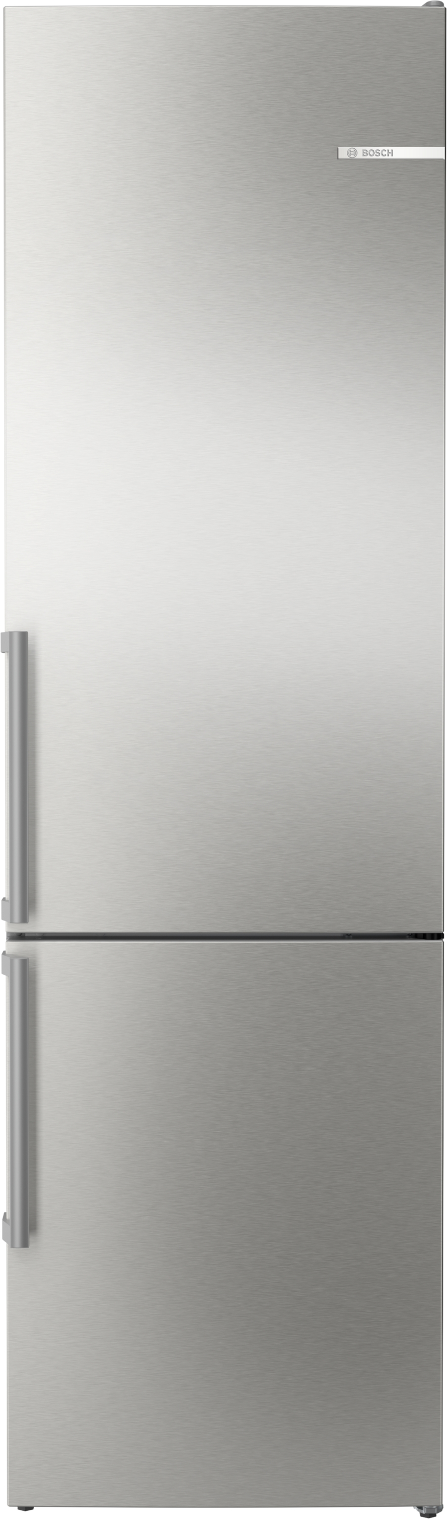 Edelstahlkühlschrank mit zwei Türen. Einfaches Design mit einem Griff an jeder Tür.