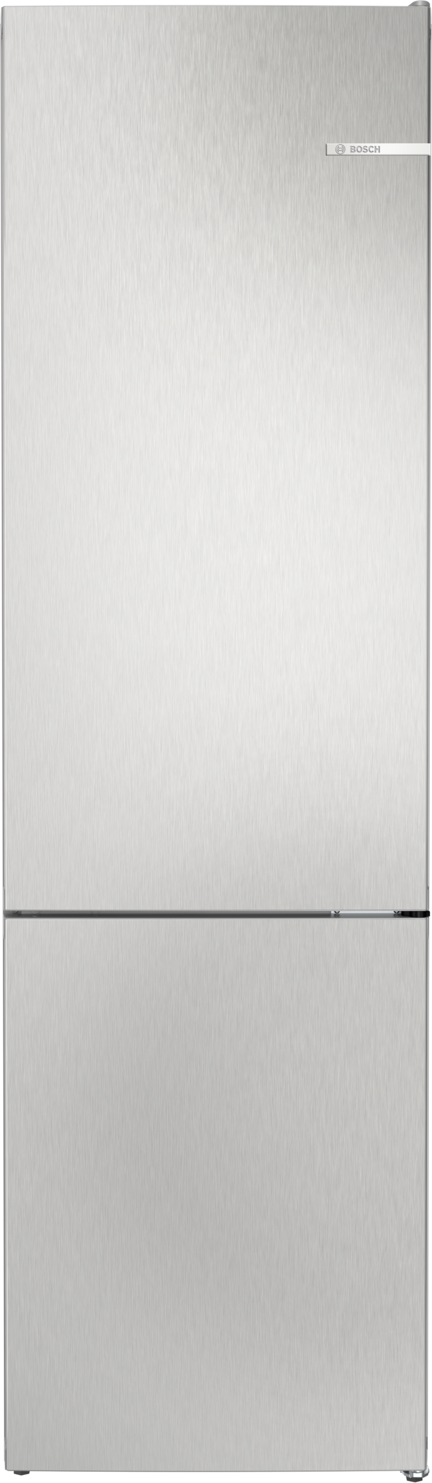 Ein hoher Kühlschrank aus Edelstahl mit Bosch-Logo. Die Tür ist schlicht.