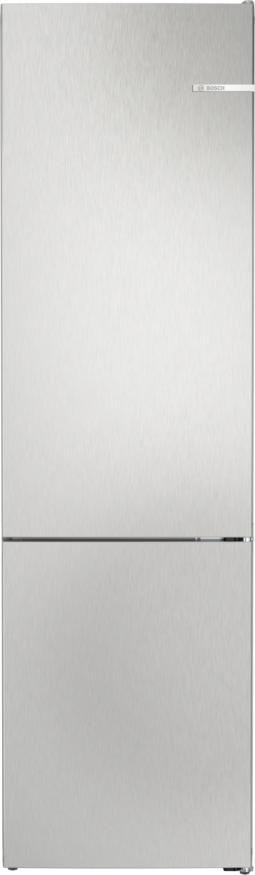 Silberner Kühlschrank mit zwei Türen. Bosch-Logo auf der oberen rechten Tür.