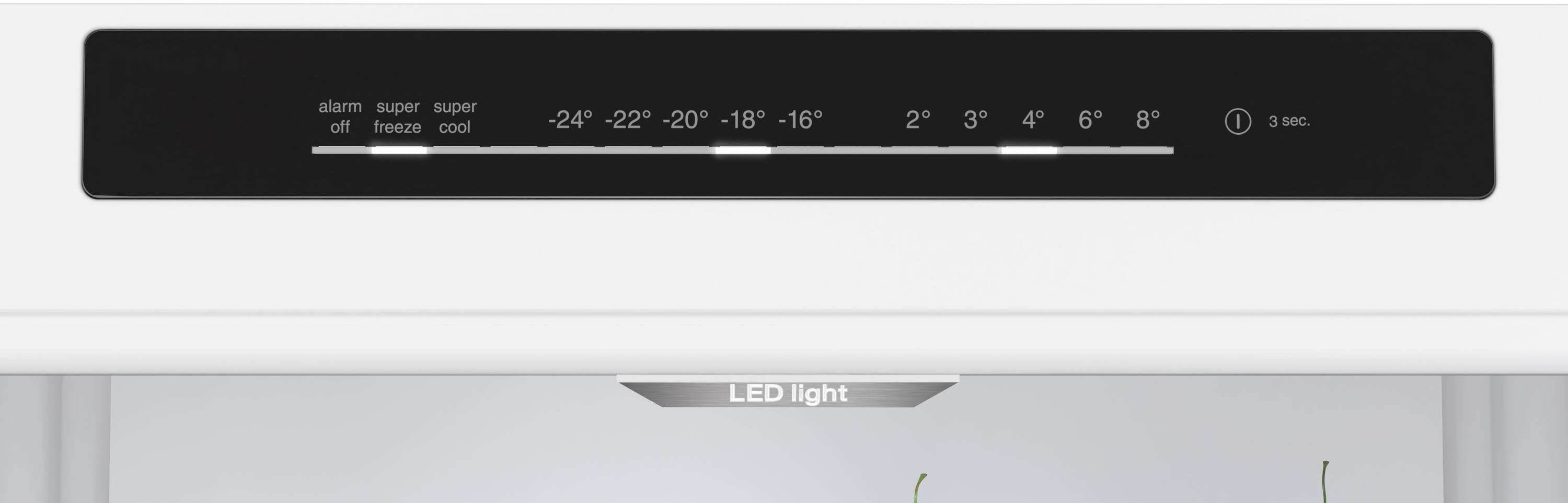 Kühlschrank-Bedienfeld mit Temperatureinstellungen von -24° bis 8°C und LED-Licht.