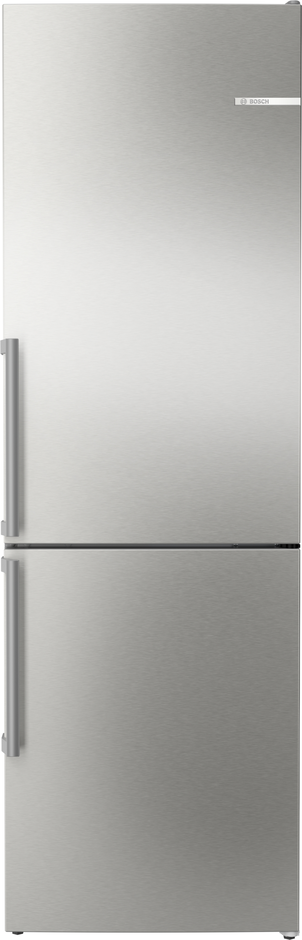 Ein hoher Kühlschrank aus Edelstahl mit zwei Türen und silbernen Griffen.