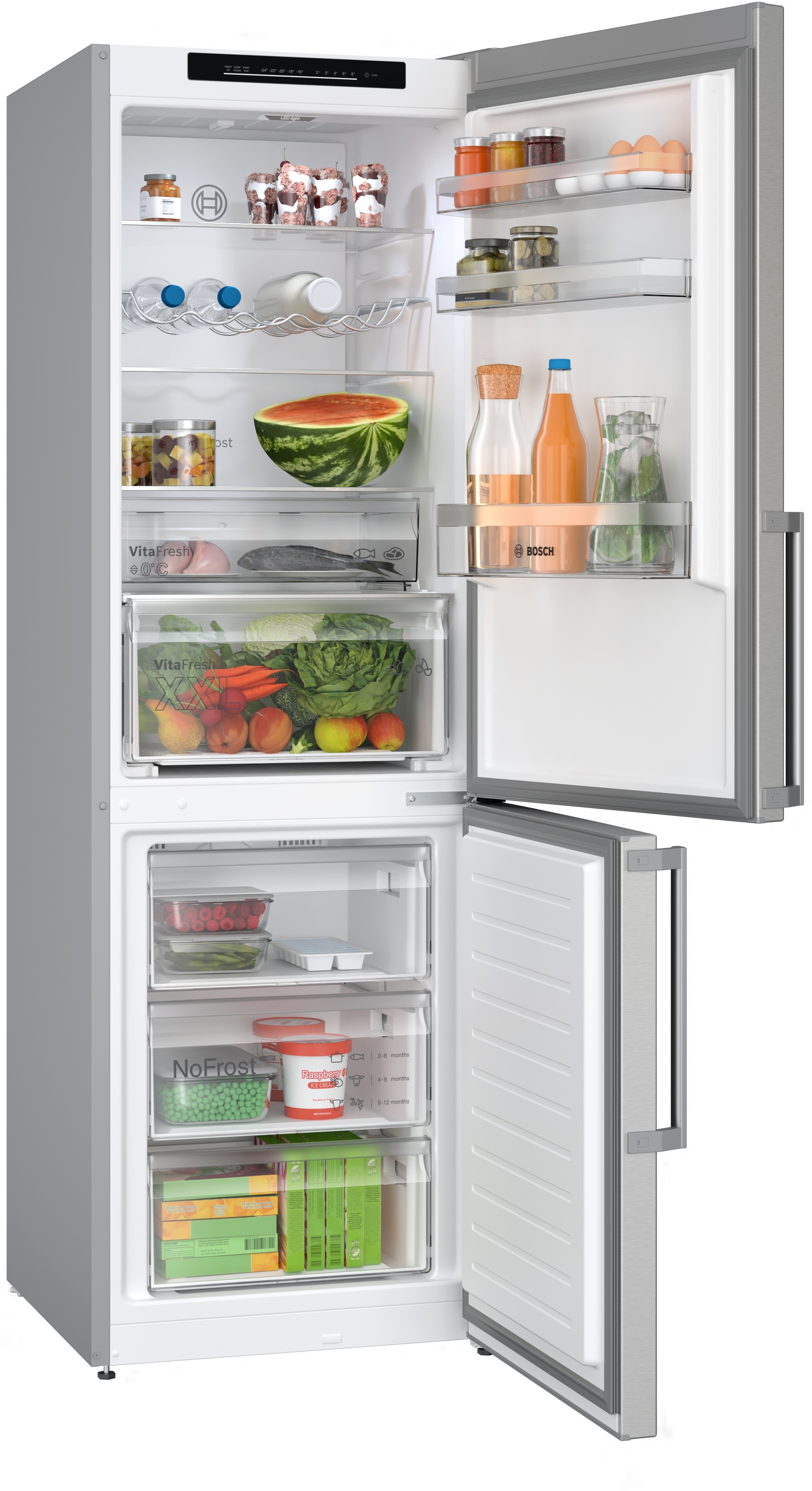 Offener Kühlschrank mit Lebensmitteln, darunter Obst, Gemüse und Gläser.