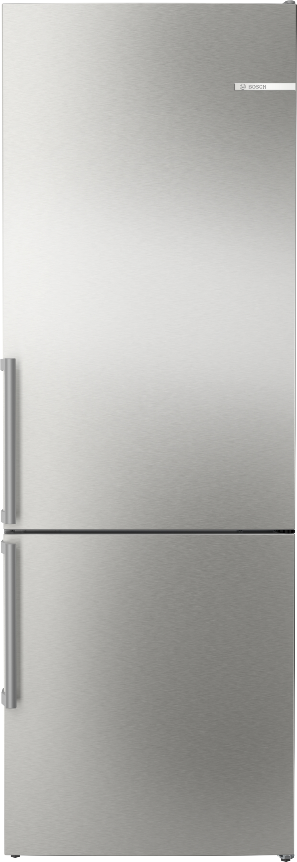 Edelstahlkühlschrank mit zwei Türen, glatter Oberfläche und Bosch-Logo.