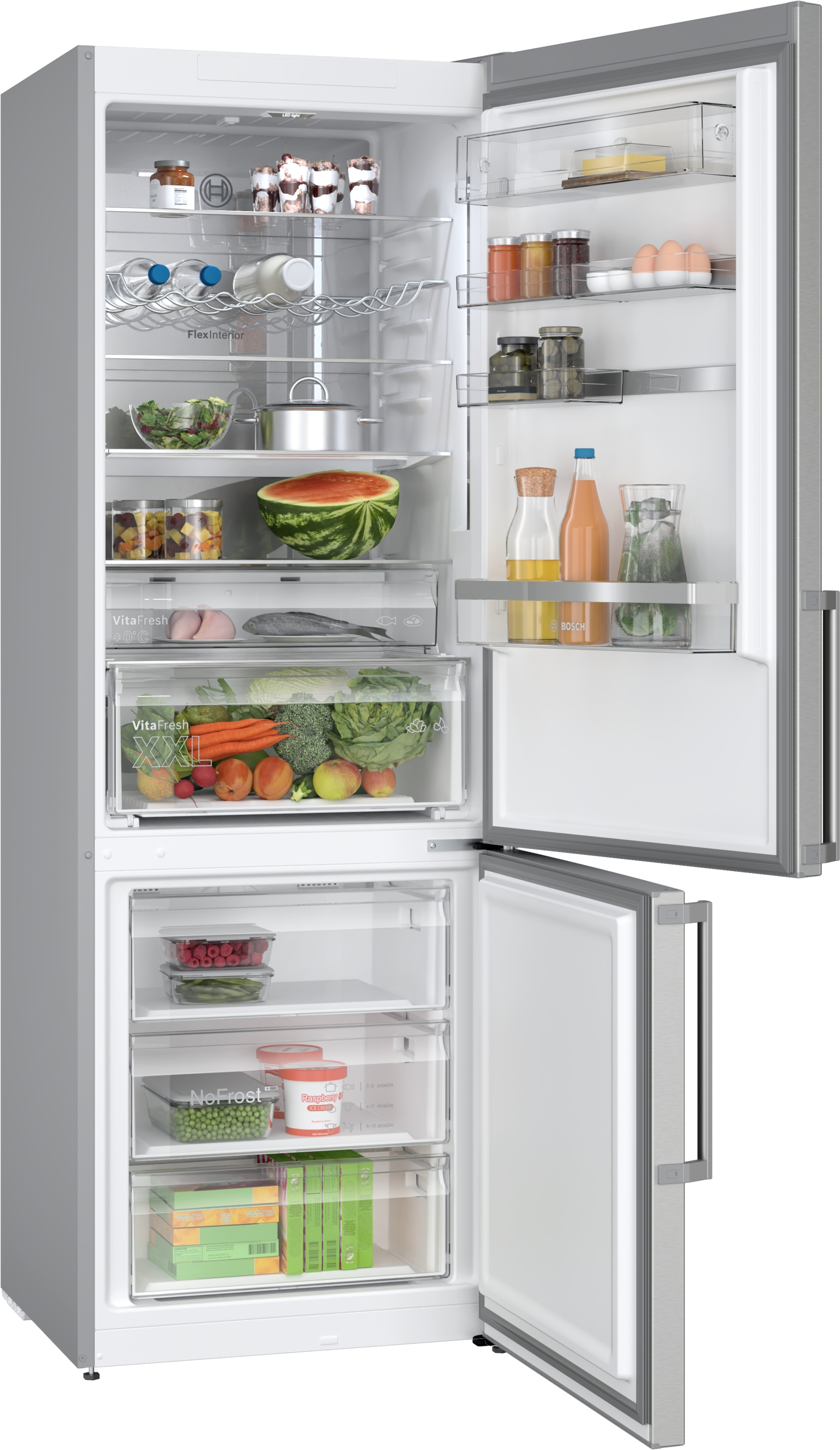 Offener Kühlschrank mit Lebensmitteln. Obst, Gemüse und Getränke sind sichtbar.