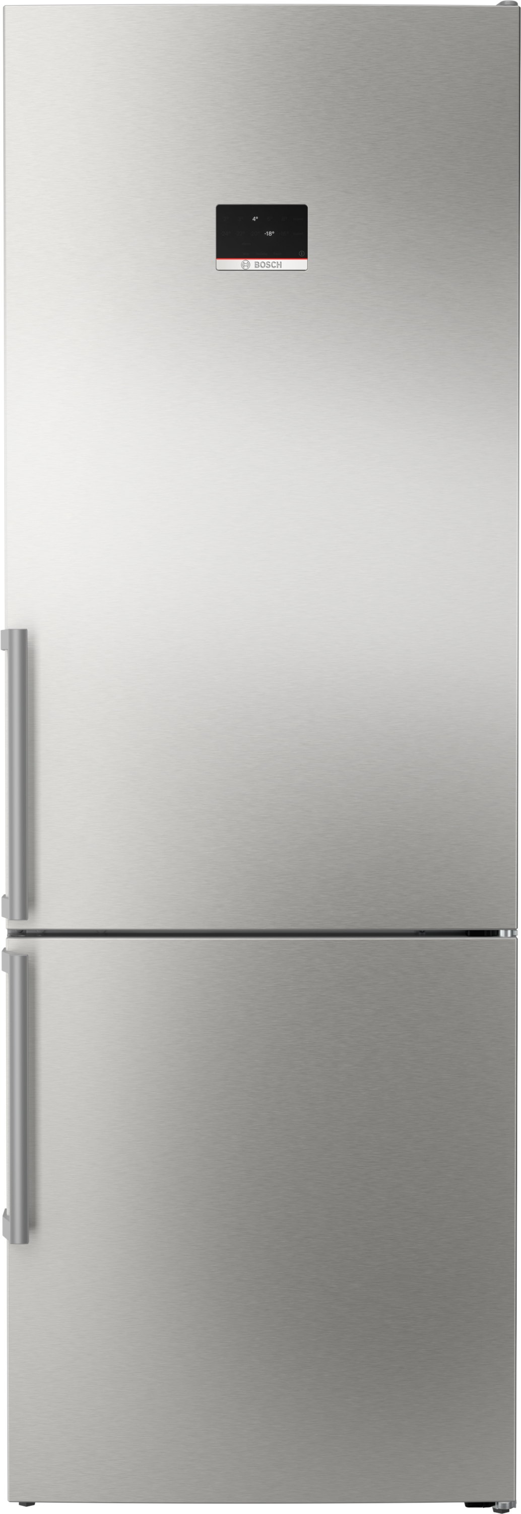 Ein hoher Kühlschrank aus Edelstahl mit zwei Türen und Griffen, digitales Display an der oberen Tür.