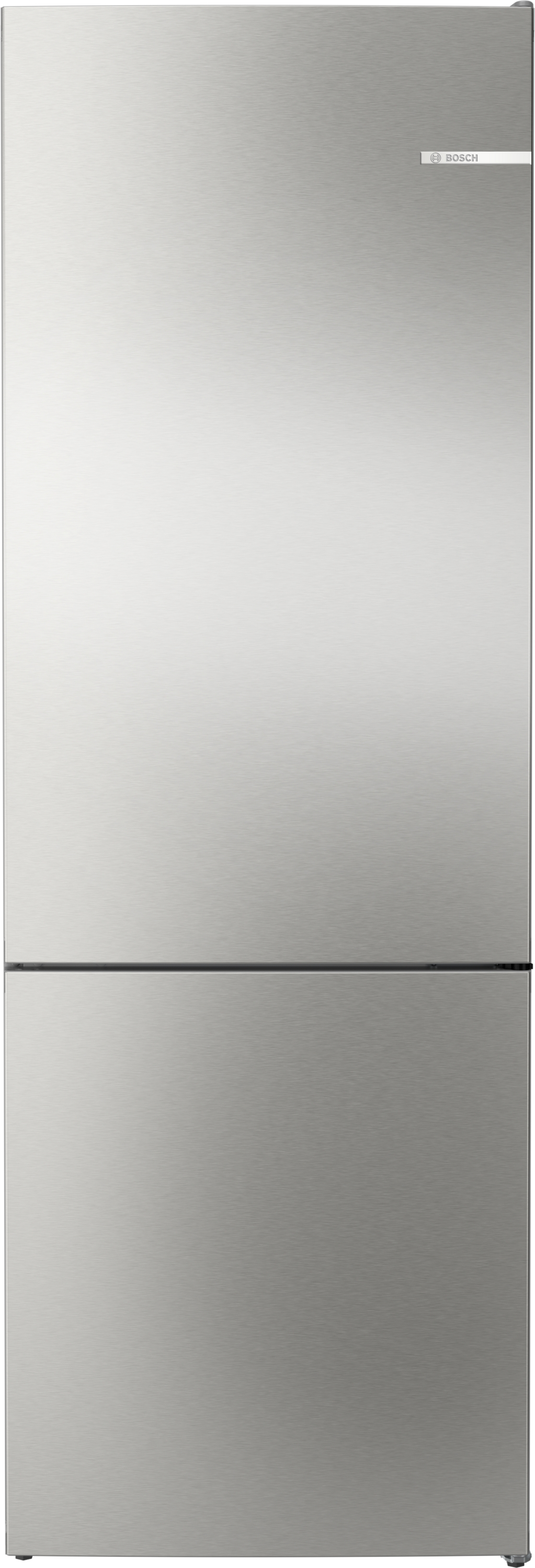 Ein hoher, silberner Kühlschrank. Er hat zwei Türen und ein Bosch-Logo oben.