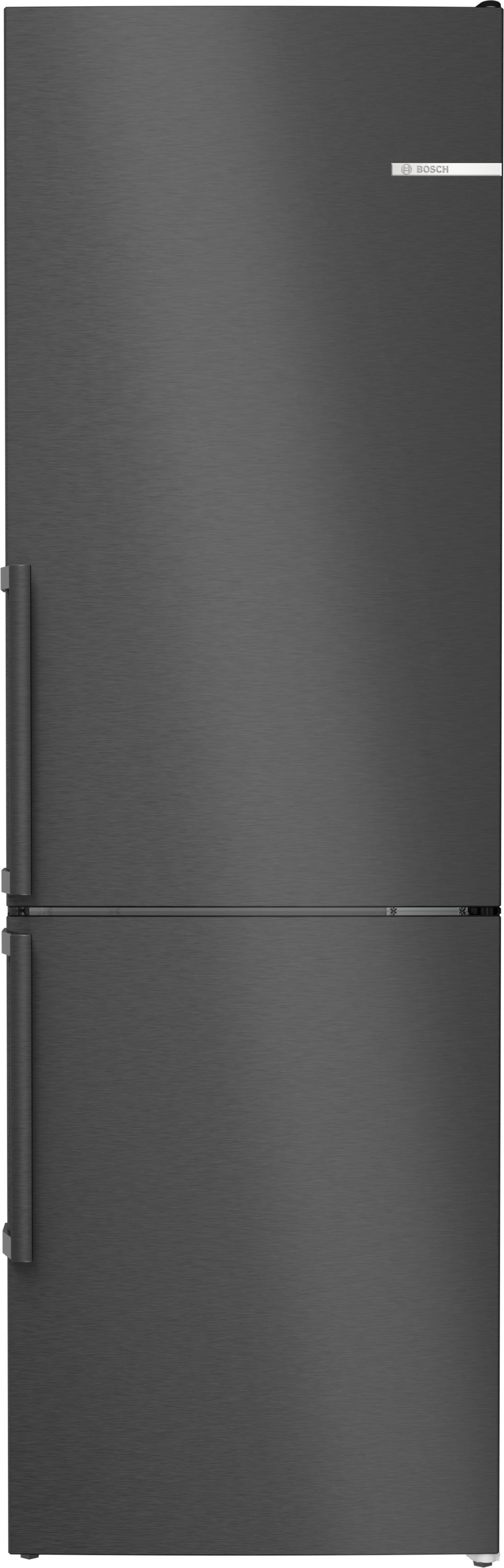 Dunkelgrauer Kühlschrank mit zwei Türen. Das Bosch-Logo ist oben rechts sichtbar.