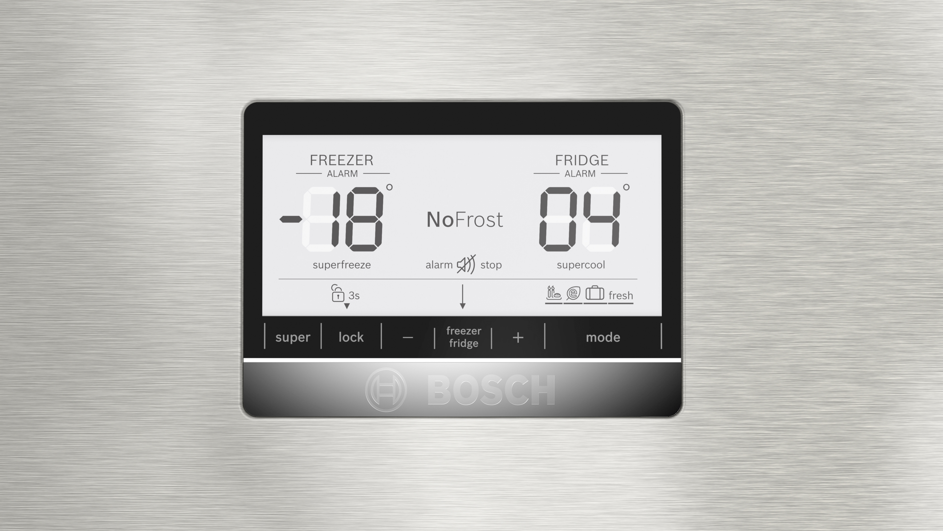 Ein Digitaldisplay auf einem Bosch Kühlschrank, das Temperatureinstellungen zeigt. 'Gefrierfach' und 'Kühlschrank' sind sichtbar.